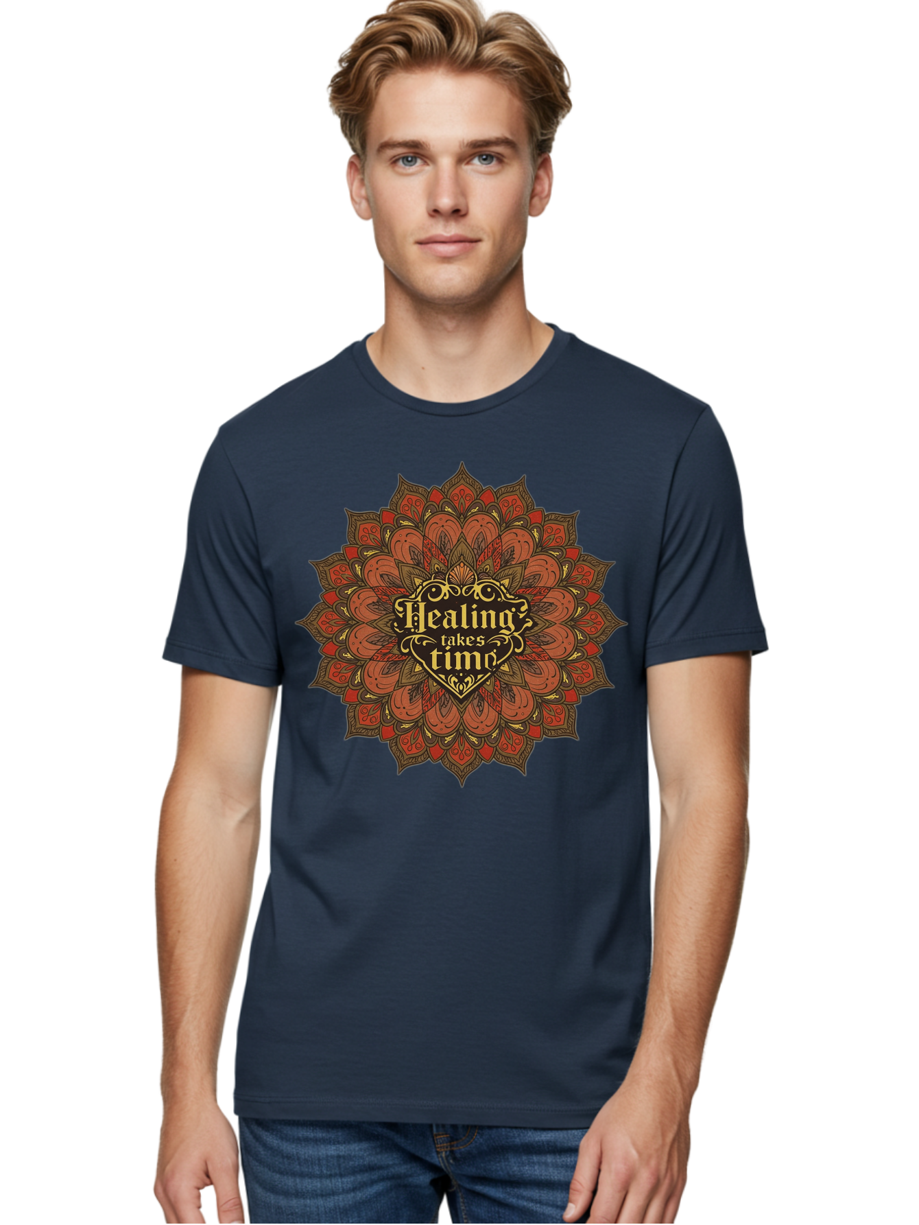 Healing-Takes-Time-4 Men'S Graphic Tee, 100% Cotton, Comfortable Casual Summer Wear, Machine Washable, Mandala Design, Healing Takes Time, Red And Gold Patterns, Intricate Details, Motivational Quote, Mindfulness, Self-Care, Bae034
