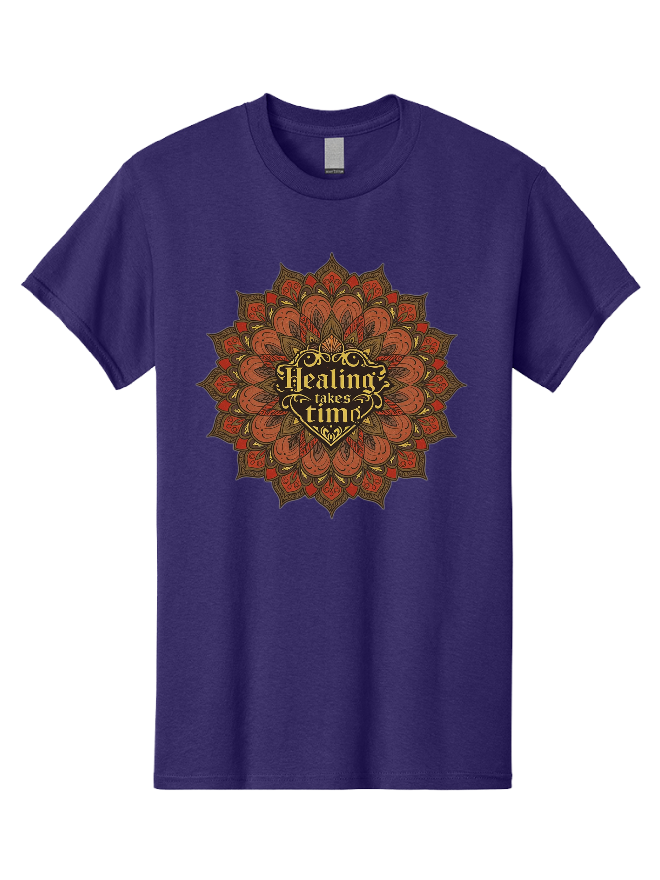 Healing-Takes-Time-4 Men'S Graphic Tee, 100% Cotton, Comfortable Casual Summer Wear, Machine Washable, Mandala Design, Healing Takes Time, Red And Gold Patterns, Intricate Details, Motivational Quote, Mindfulness, Self-Care, Bae034