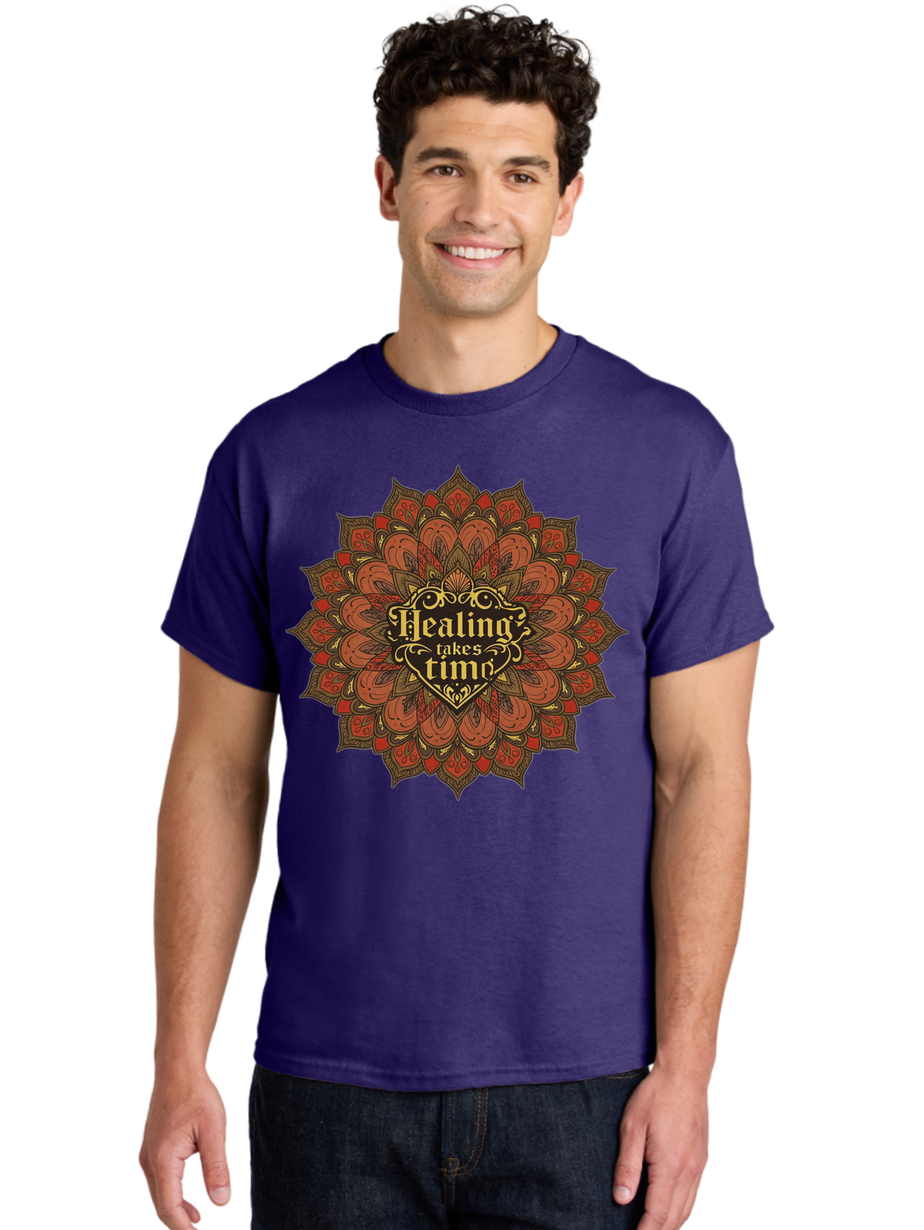 Healing-Takes-Time-4 Men'S Graphic Tee, 100% Cotton, Comfortable Casual Summer Wear, Machine Washable, Mandala Design, Healing Takes Time, Red And Gold Patterns, Intricate Details, Motivational Quote, Mindfulness, Self-Care, Bae034