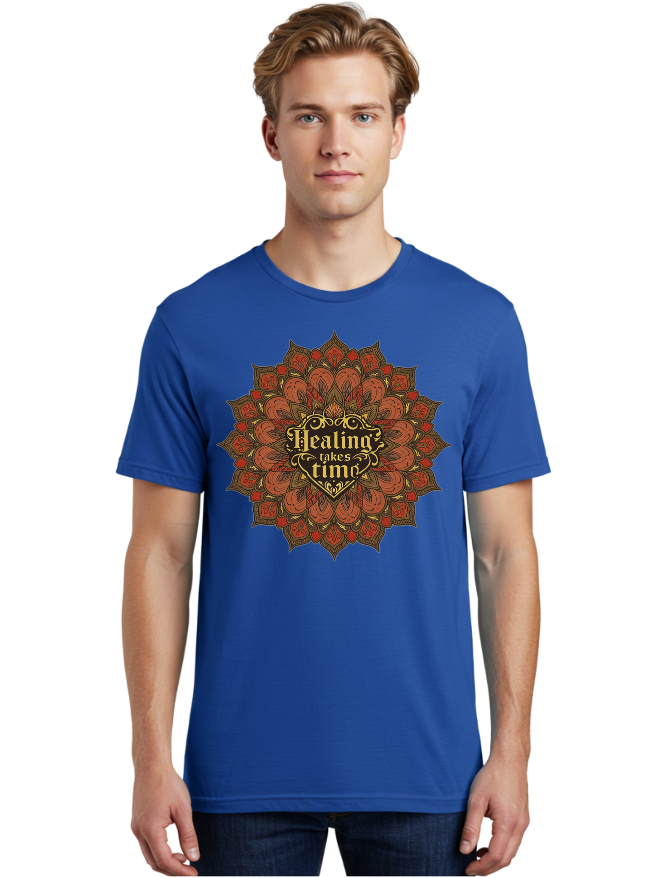 Healing-Takes-Time-4 Men'S Graphic Tee, 100% Cotton, Comfortable Casual Summer Wear, Machine Washable, Mandala Design, Healing Takes Time, Red And Gold Patterns, Intricate Details, Motivational Quote, Mindfulness, Self-Care, Bae034