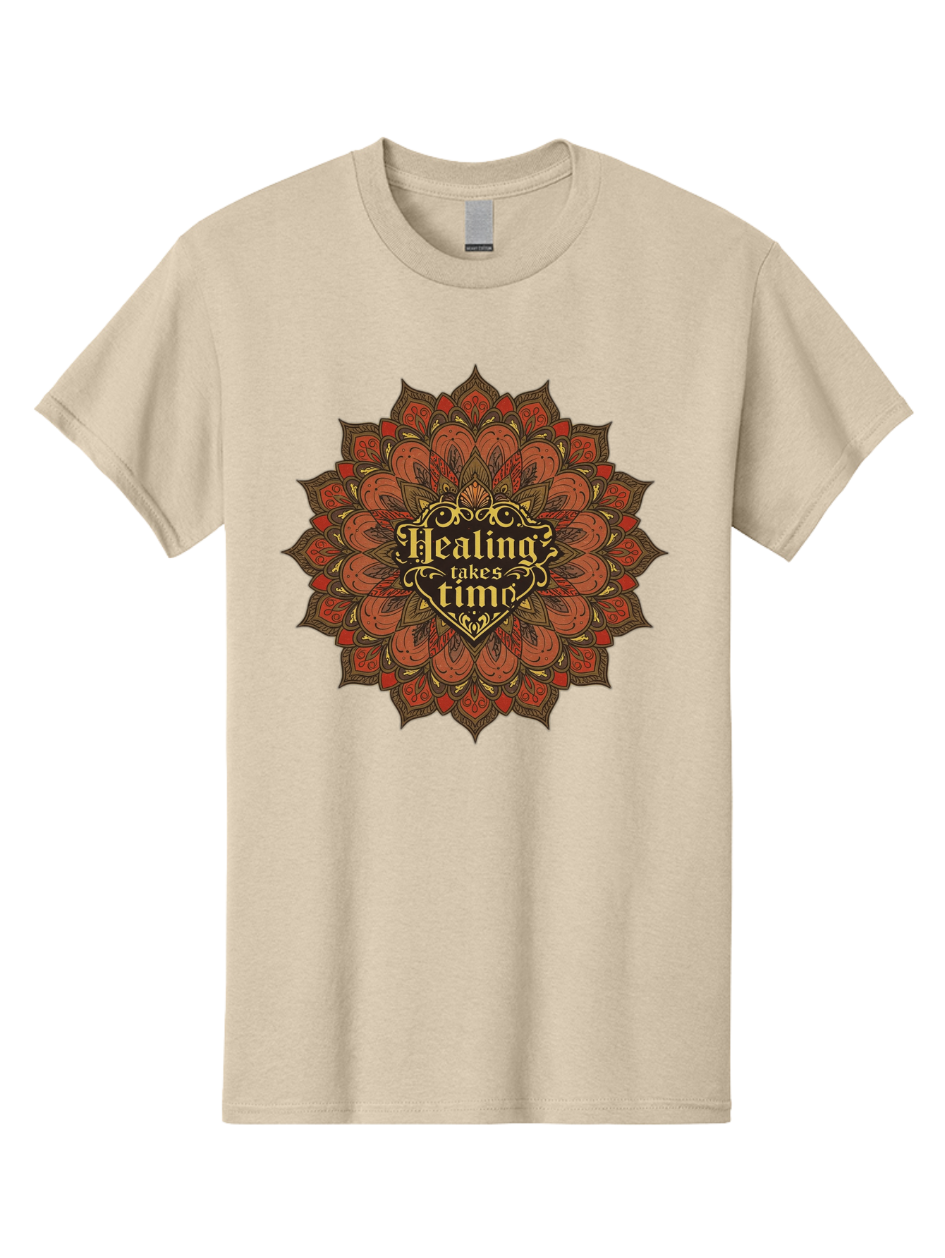 Healing-Takes-Time-4 Men'S Graphic Tee, 100% Cotton, Comfortable Casual Summer Wear, Machine Washable, Mandala Design, Healing Takes Time, Red And Gold Patterns, Intricate Details, Motivational Quote, Mindfulness, Self-Care, Bae034