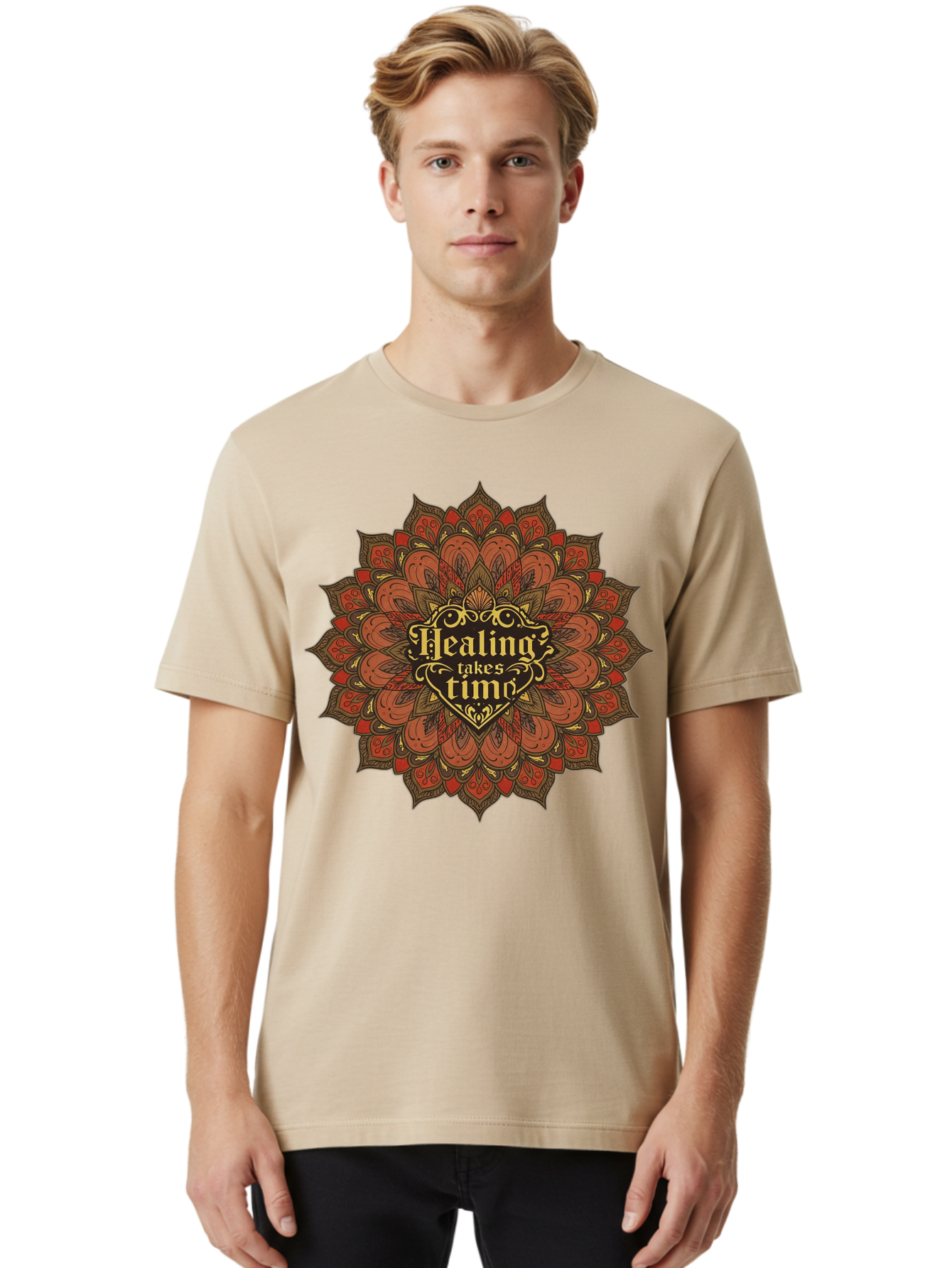 Healing-Takes-Time-4 Men'S Graphic Tee, 100% Cotton, Comfortable Casual Summer Wear, Machine Washable, Mandala Design, Healing Takes Time, Red And Gold Patterns, Intricate Details, Motivational Quote, Mindfulness, Self-Care, Bae034