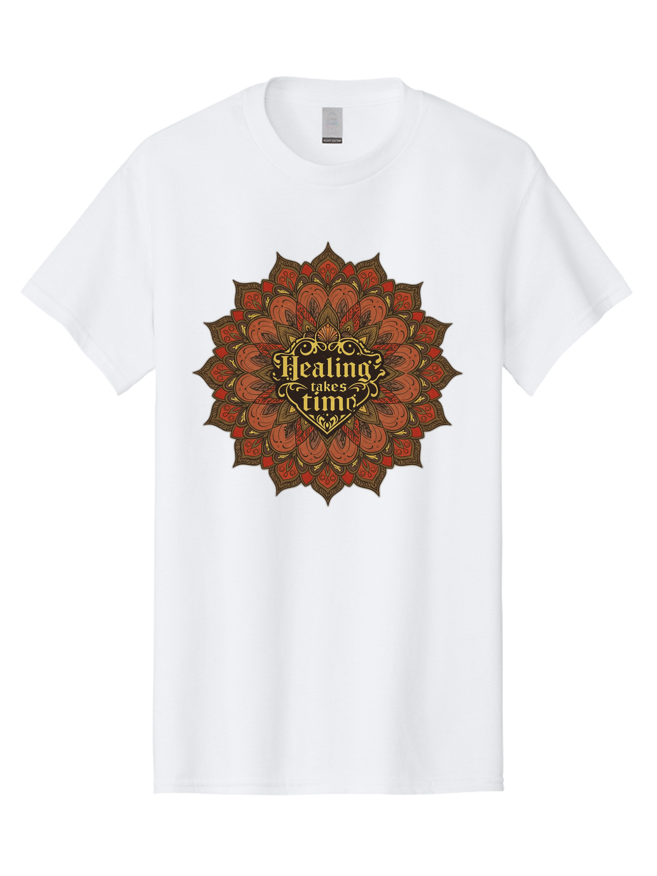 Healing-Takes-Time-4 Men'S Graphic Tee, 100% Cotton, Comfortable Casual Summer Wear, Machine Washable, Mandala Design, Healing Takes Time, Red And Gold Patterns, Intricate Details, Motivational Quote, Mindfulness, Self-Care, Bae034