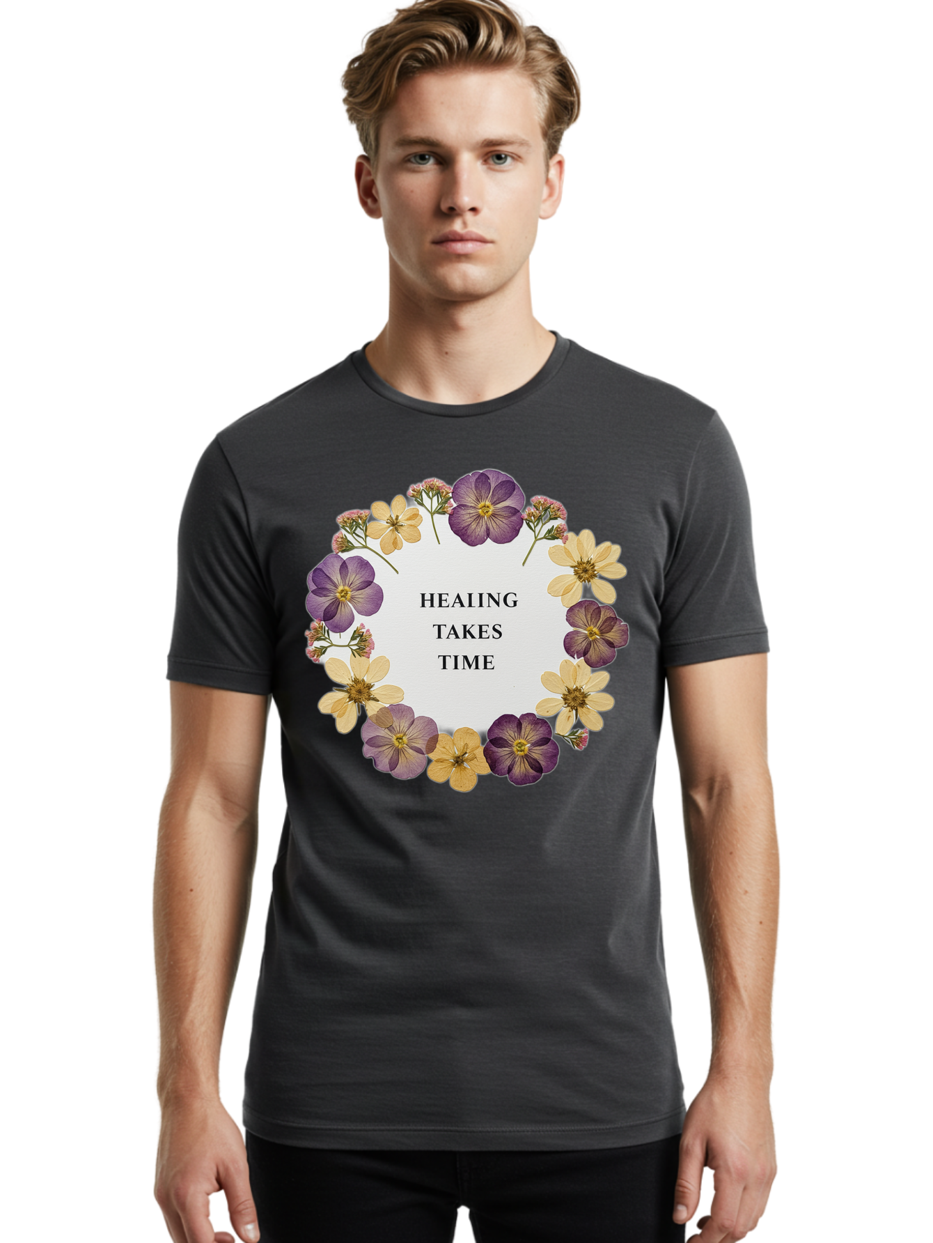 Healing-Takes-Time-5 Men'S Graphic Tee, 100% Cotton, Comfortable Casual Summer Wear, Machine Washable, Healing Takes Time, Purple And Yellow Flowers, Floral Wreath, Inspirational Quote, Motivational Message, Mental Health Awareness, Self Care, Bae035