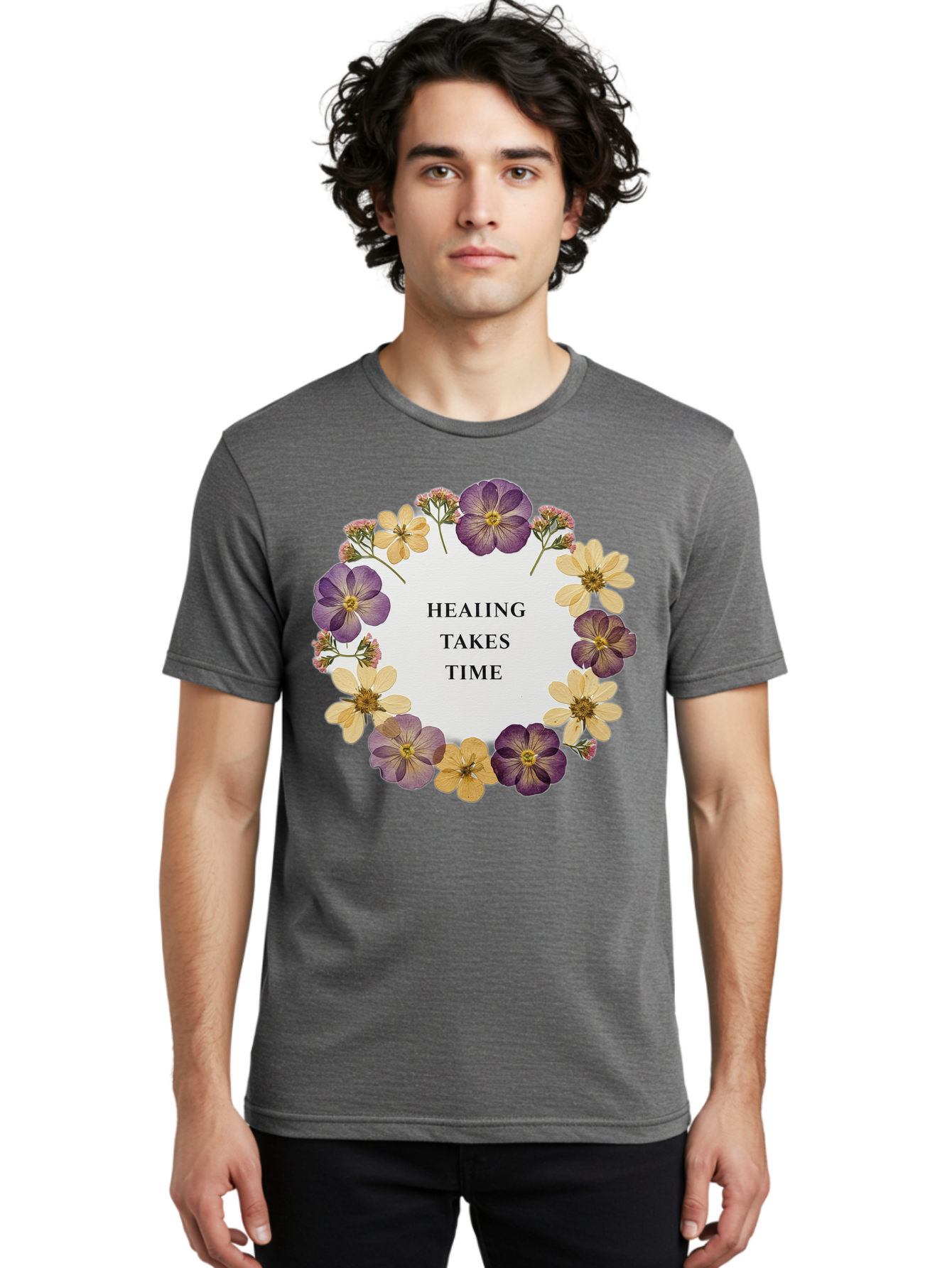 Healing-Takes-Time-5 Men'S Graphic Tee, 100% Cotton, Comfortable Casual Summer Wear, Machine Washable, Healing Takes Time, Purple And Yellow Flowers, Floral Wreath, Inspirational Quote, Motivational Message, Mental Health Awareness, Self Care, Bae035