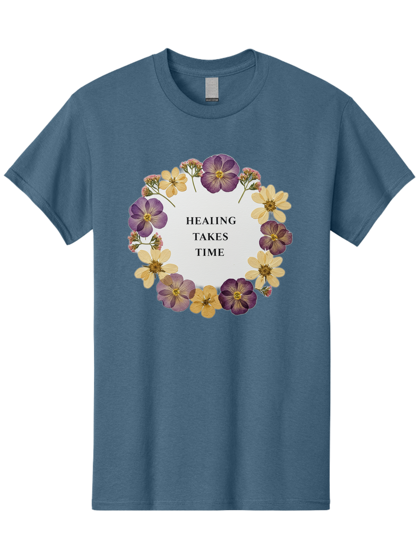 Healing-Takes-Time-5 Men'S Graphic Tee, 100% Cotton, Comfortable Casual Summer Wear, Machine Washable, Healing Takes Time, Purple And Yellow Flowers, Floral Wreath, Inspirational Quote, Motivational Message, Mental Health Awareness, Self Care, Bae035