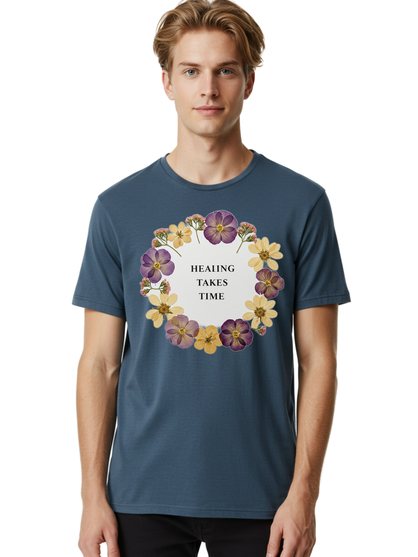 Healing-Takes-Time-5 Men'S Graphic Tee, 100% Cotton, Comfortable Casual Summer Wear, Machine Washable, Healing Takes Time, Purple And Yellow Flowers, Floral Wreath, Inspirational Quote, Motivational Message, Mental Health Awareness, Self Care, Bae035