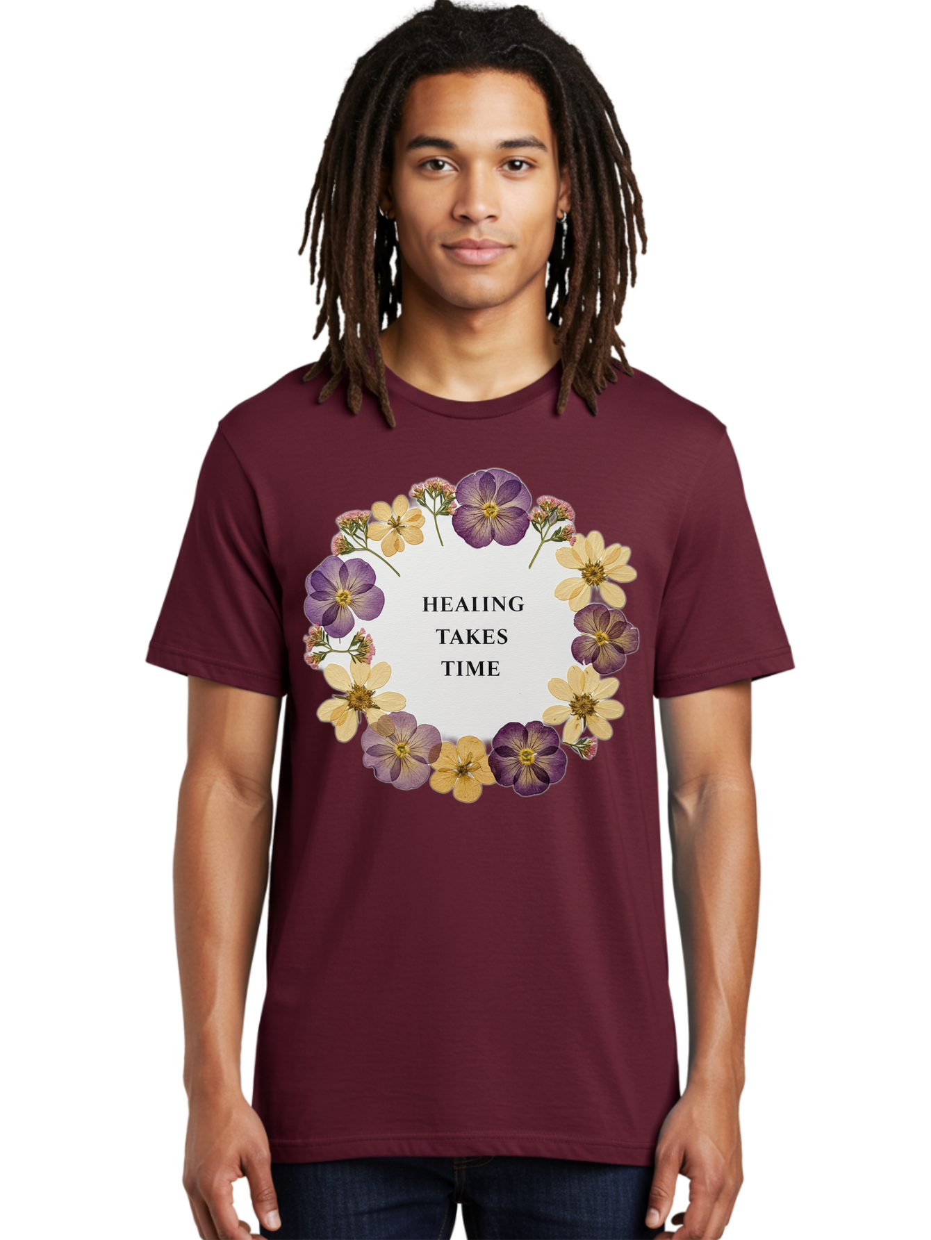 Healing-Takes-Time-5 Men'S Graphic Tee, 100% Cotton, Comfortable Casual Summer Wear, Machine Washable, Healing Takes Time, Purple And Yellow Flowers, Floral Wreath, Inspirational Quote, Motivational Message, Mental Health Awareness, Self Care, Bae035