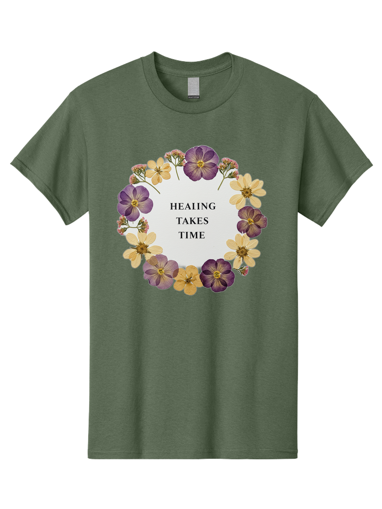 Healing-Takes-Time-5 Men'S Graphic Tee, 100% Cotton, Comfortable Casual Summer Wear, Machine Washable, Healing Takes Time, Purple And Yellow Flowers, Floral Wreath, Inspirational Quote, Motivational Message, Mental Health Awareness, Self Care, Bae035
