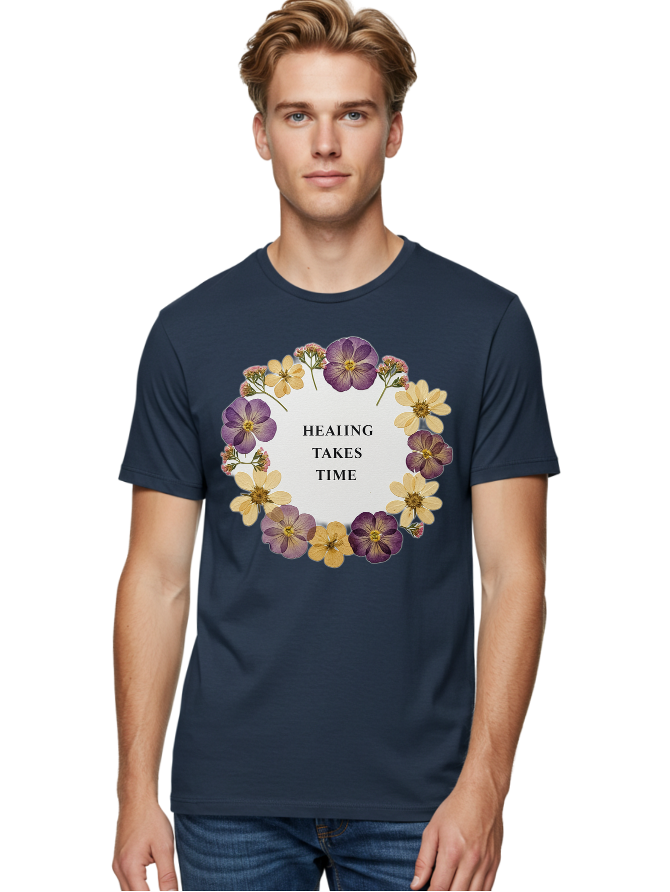 Healing-Takes-Time-5 Men'S Graphic Tee, 100% Cotton, Comfortable Casual Summer Wear, Machine Washable, Healing Takes Time, Purple And Yellow Flowers, Floral Wreath, Inspirational Quote, Motivational Message, Mental Health Awareness, Self Care, Bae035