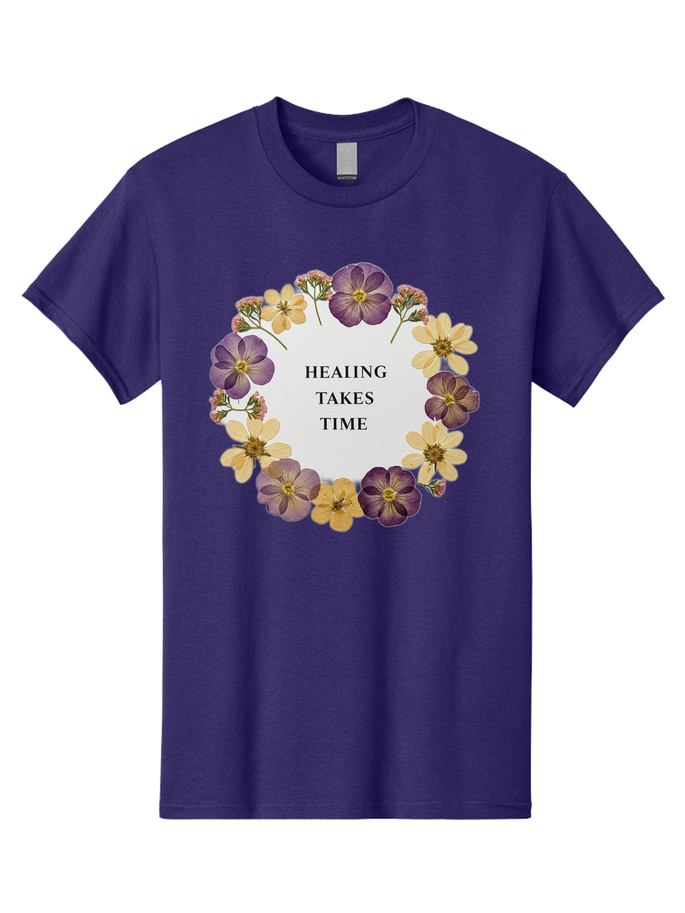 Healing-Takes-Time-5 Men'S Graphic Tee, 100% Cotton, Comfortable Casual Summer Wear, Machine Washable, Healing Takes Time, Purple And Yellow Flowers, Floral Wreath, Inspirational Quote, Motivational Message, Mental Health Awareness, Self Care, Bae035
