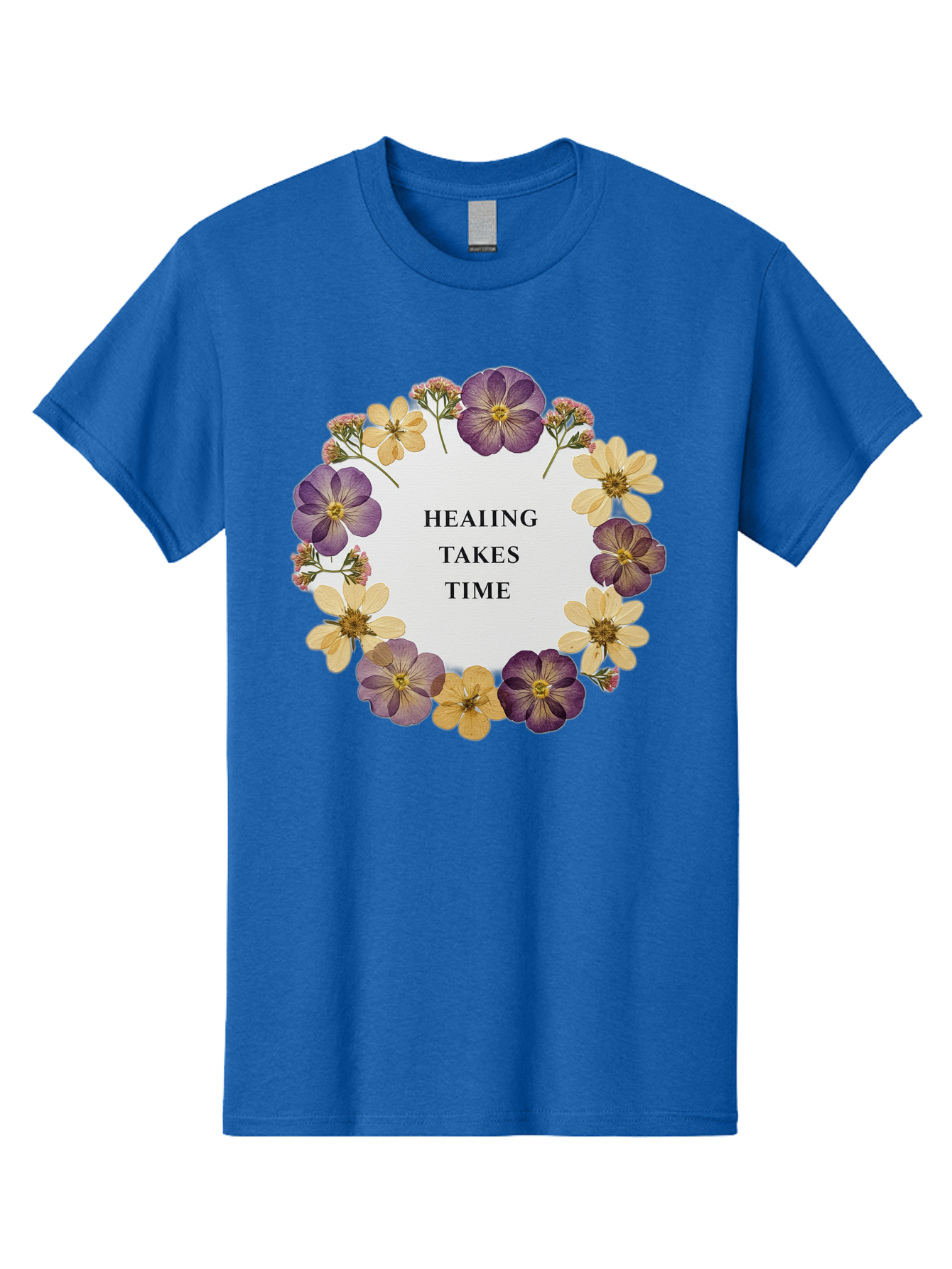 Healing-Takes-Time-5 Men'S Graphic Tee, 100% Cotton, Comfortable Casual Summer Wear, Machine Washable, Healing Takes Time, Purple And Yellow Flowers, Floral Wreath, Inspirational Quote, Motivational Message, Mental Health Awareness, Self Care, Bae035