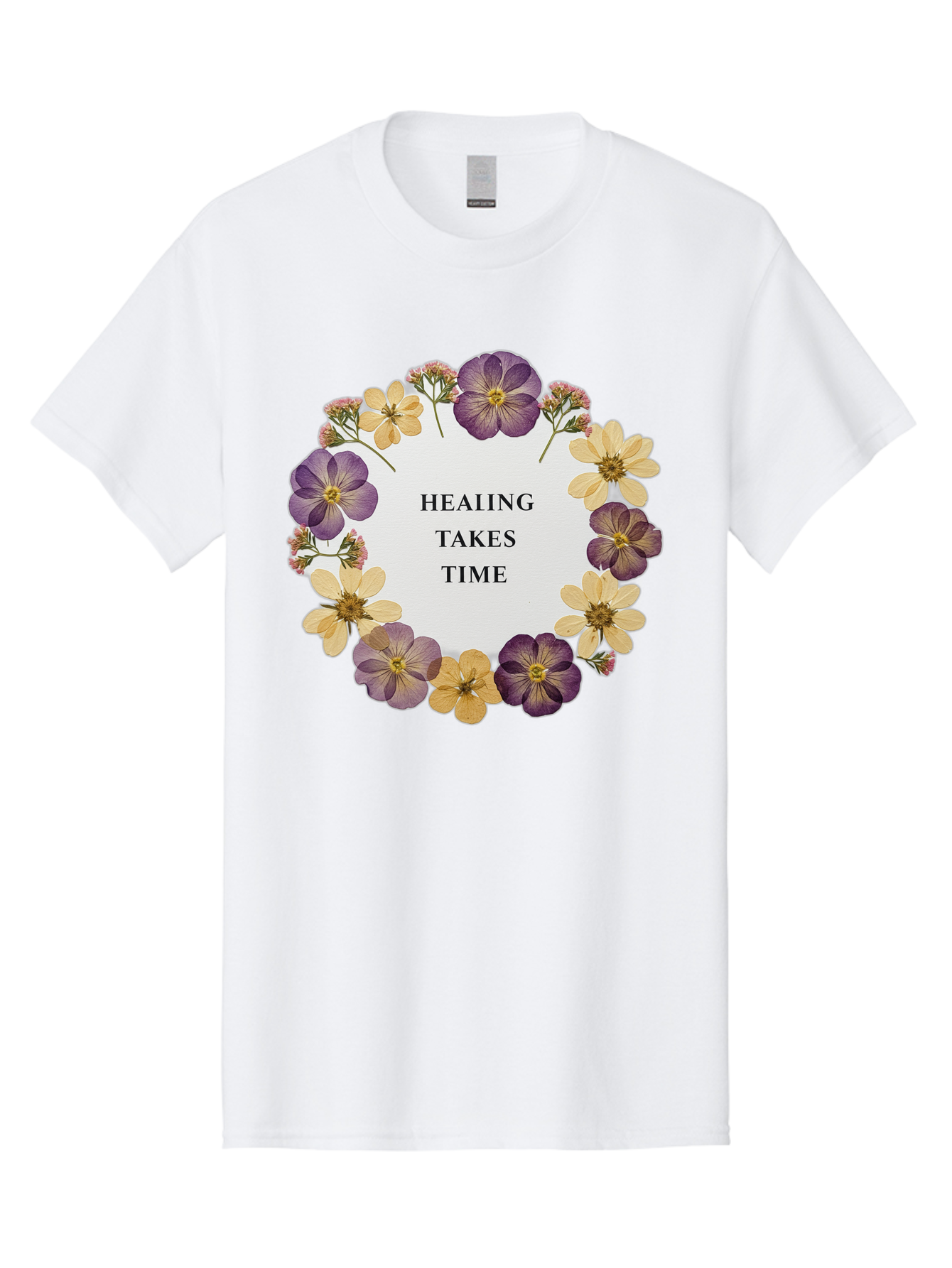 Healing-Takes-Time-5 Men'S Graphic Tee, 100% Cotton, Comfortable Casual Summer Wear, Machine Washable, Healing Takes Time, Purple And Yellow Flowers, Floral Wreath, Inspirational Quote, Motivational Message, Mental Health Awareness, Self Care, Bae035