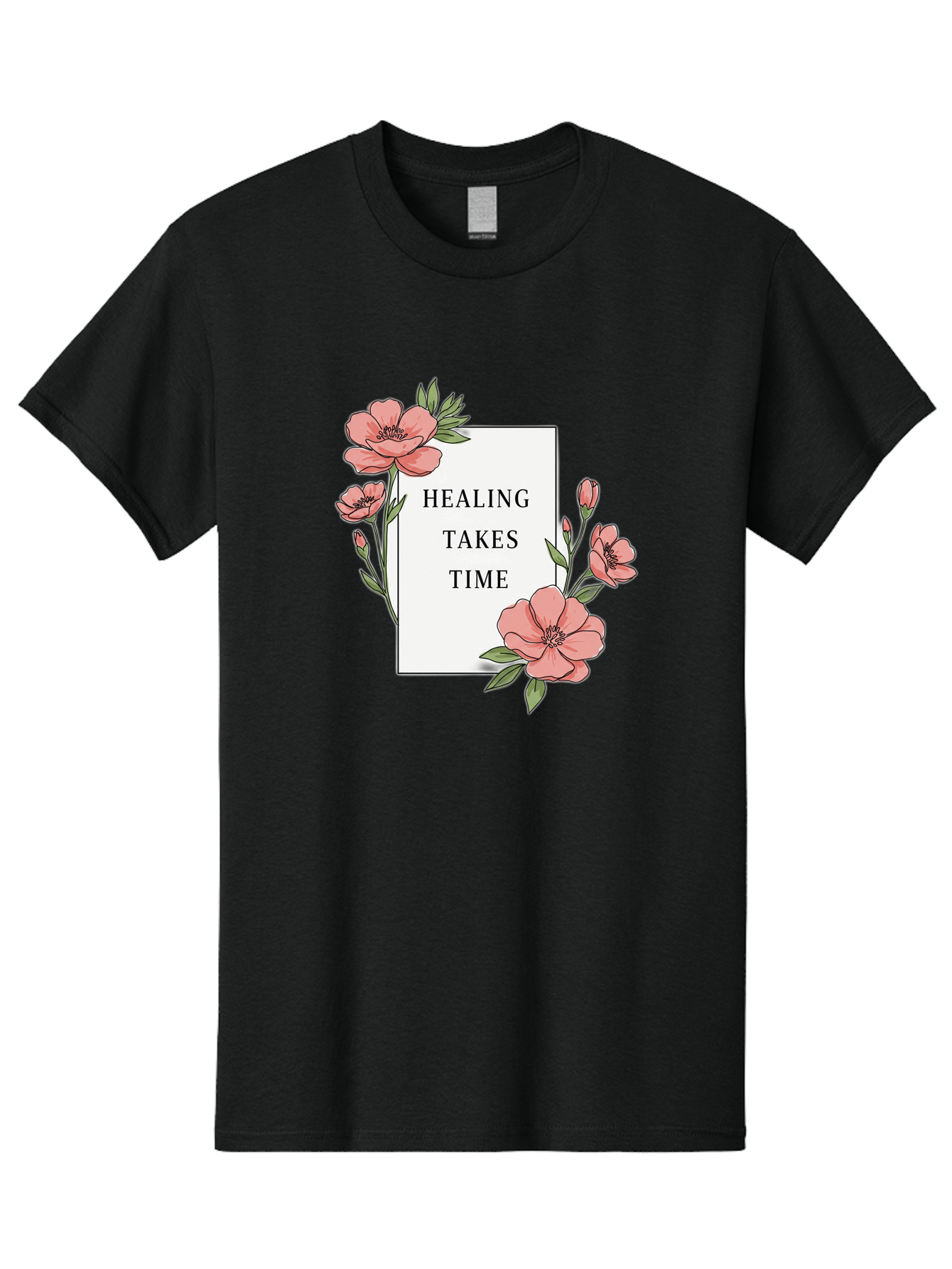 Healing-Takes-Time Men'S Graphic Tee, 100% Cotton, Comfortable Casual Summer Wear, Machine Washable, Inspirational Quote, Healing Process, Floral Illustration, Pink Flowers, Motivational Message, Self Care, Wellness, Mental Health Awareness, Bae036
