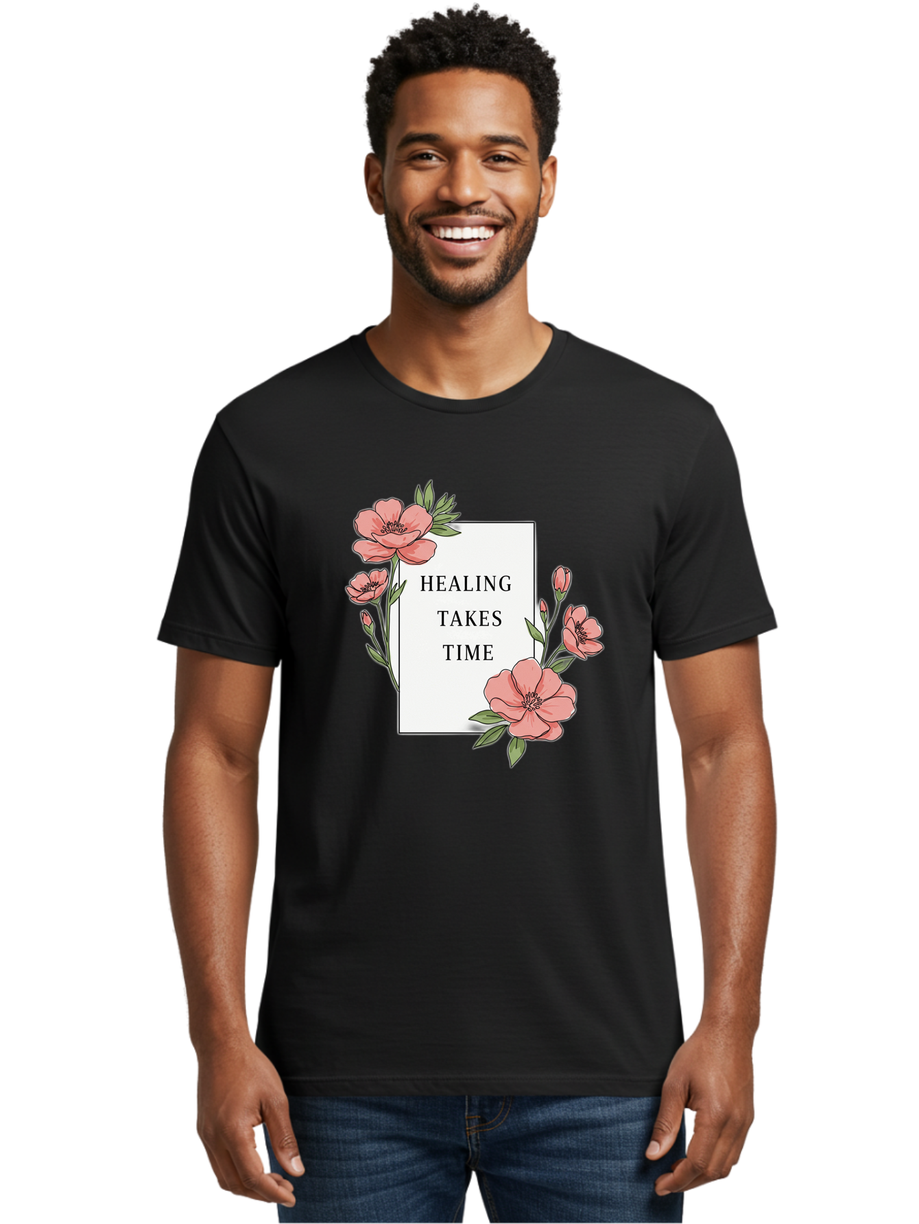 Healing-Takes-Time Men'S Graphic Tee, 100% Cotton, Comfortable Casual Summer Wear, Machine Washable, Inspirational Quote, Healing Process, Floral Illustration, Pink Flowers, Motivational Message, Self Care, Wellness, Mental Health Awareness, Bae036