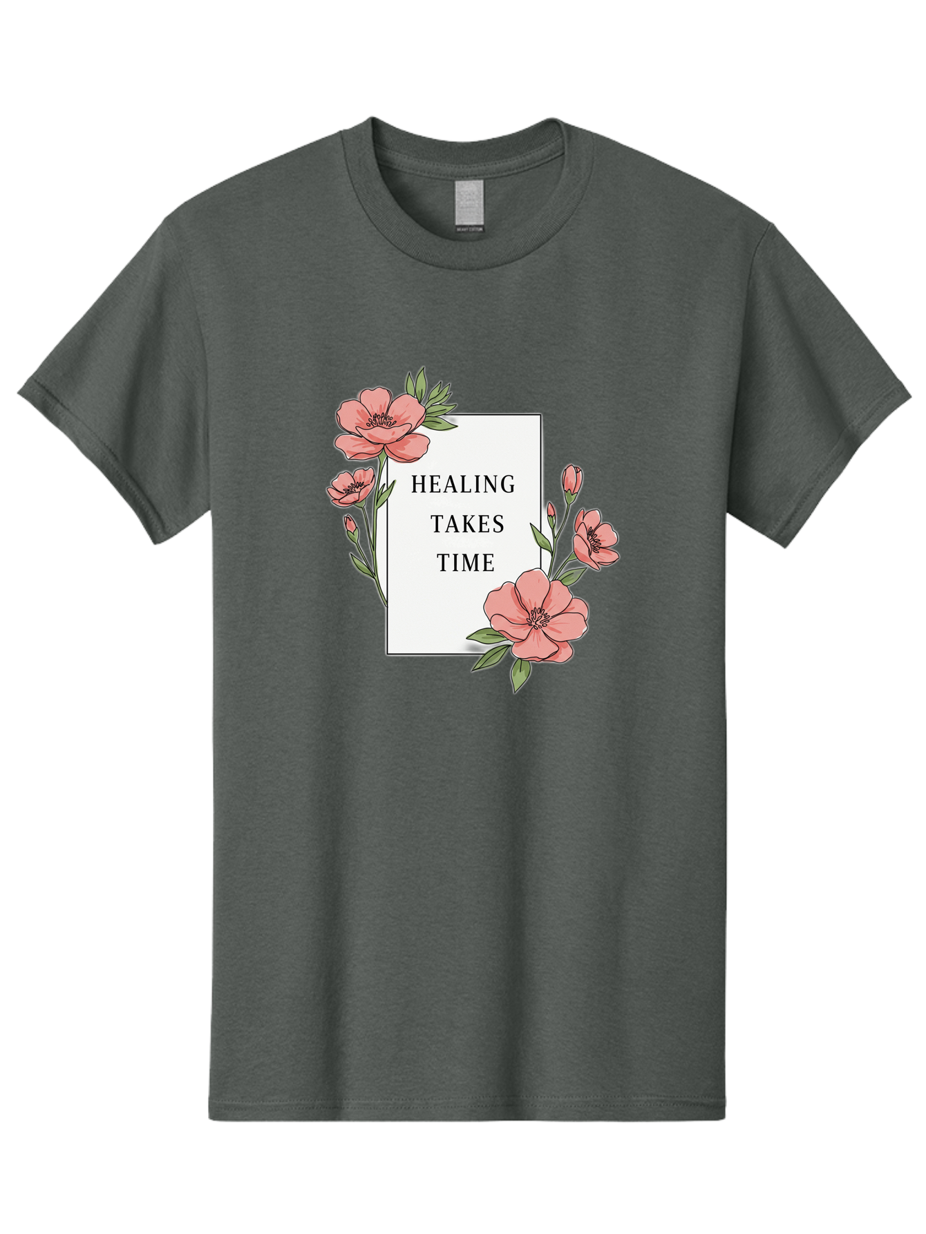 Healing-Takes-Time Men'S Graphic Tee, 100% Cotton, Comfortable Casual Summer Wear, Machine Washable, Inspirational Quote, Healing Process, Floral Illustration, Pink Flowers, Motivational Message, Self Care, Wellness, Mental Health Awareness, Bae036