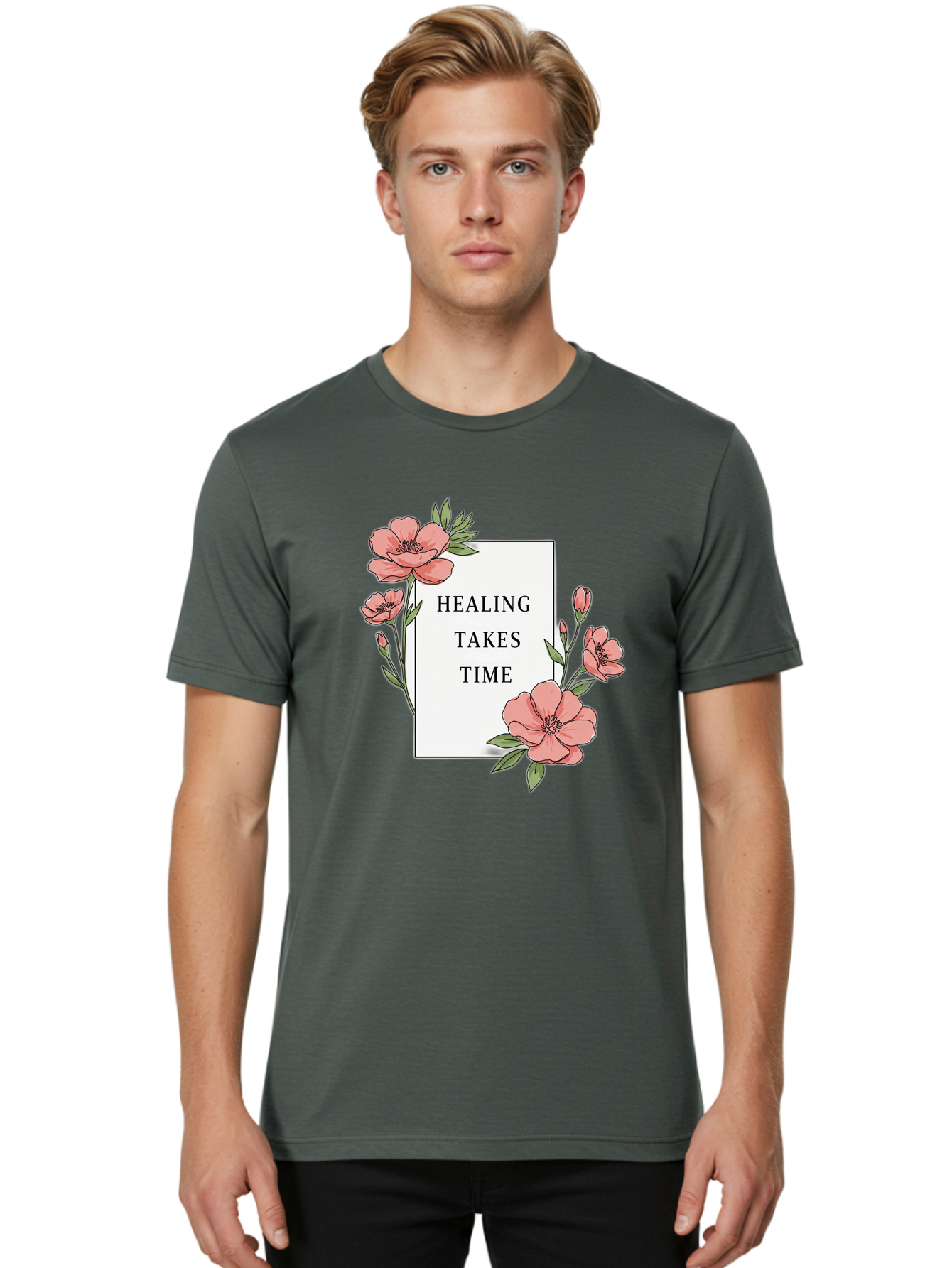 Healing-Takes-Time Men'S Graphic Tee, 100% Cotton, Comfortable Casual Summer Wear, Machine Washable, Inspirational Quote, Healing Process, Floral Illustration, Pink Flowers, Motivational Message, Self Care, Wellness, Mental Health Awareness, Bae036