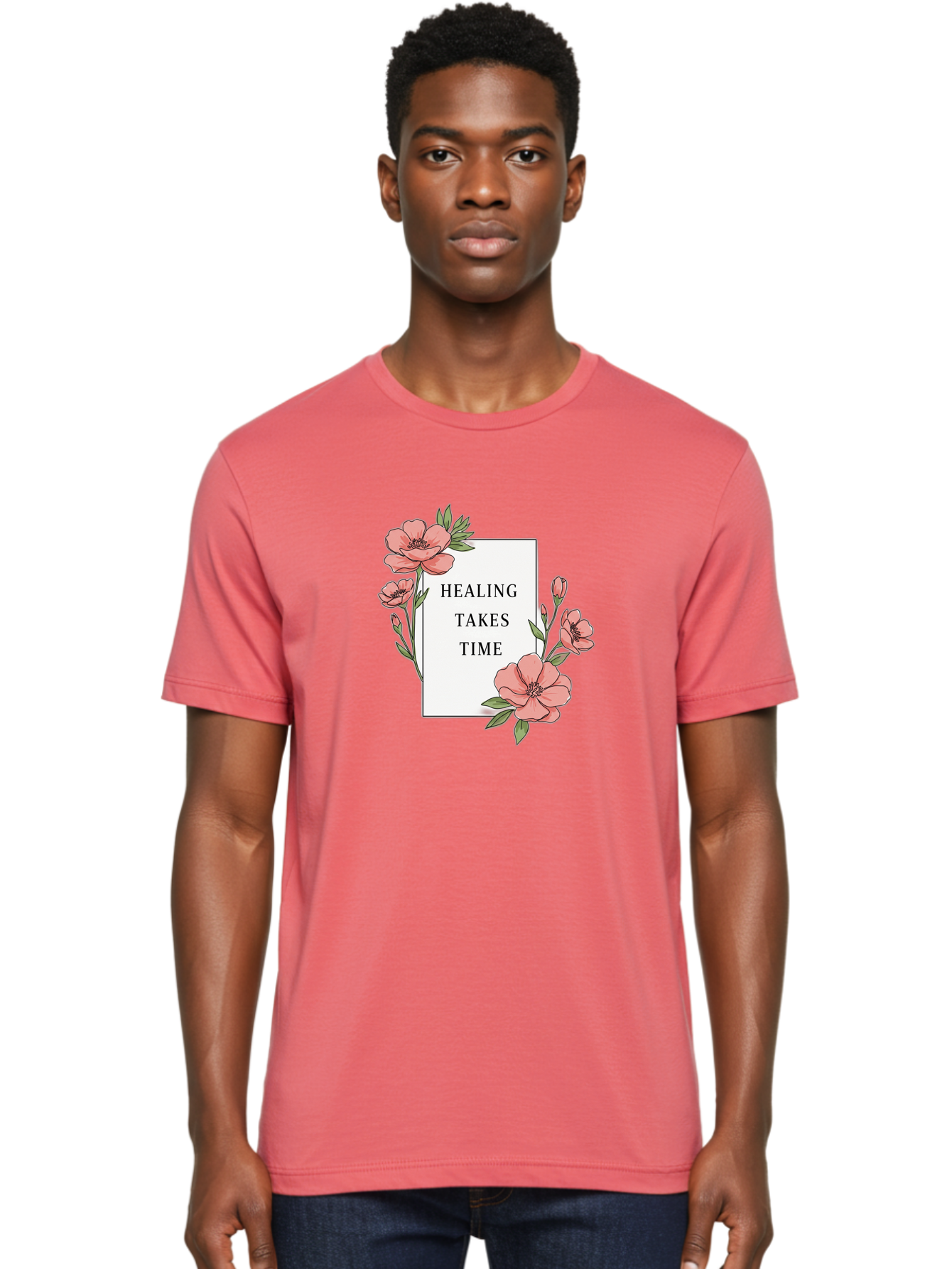 Healing-Takes-Time Men'S Graphic Tee, 100% Cotton, Comfortable Casual Summer Wear, Machine Washable, Inspirational Quote, Healing Process, Floral Illustration, Pink Flowers, Motivational Message, Self Care, Wellness, Mental Health Awareness, Bae036