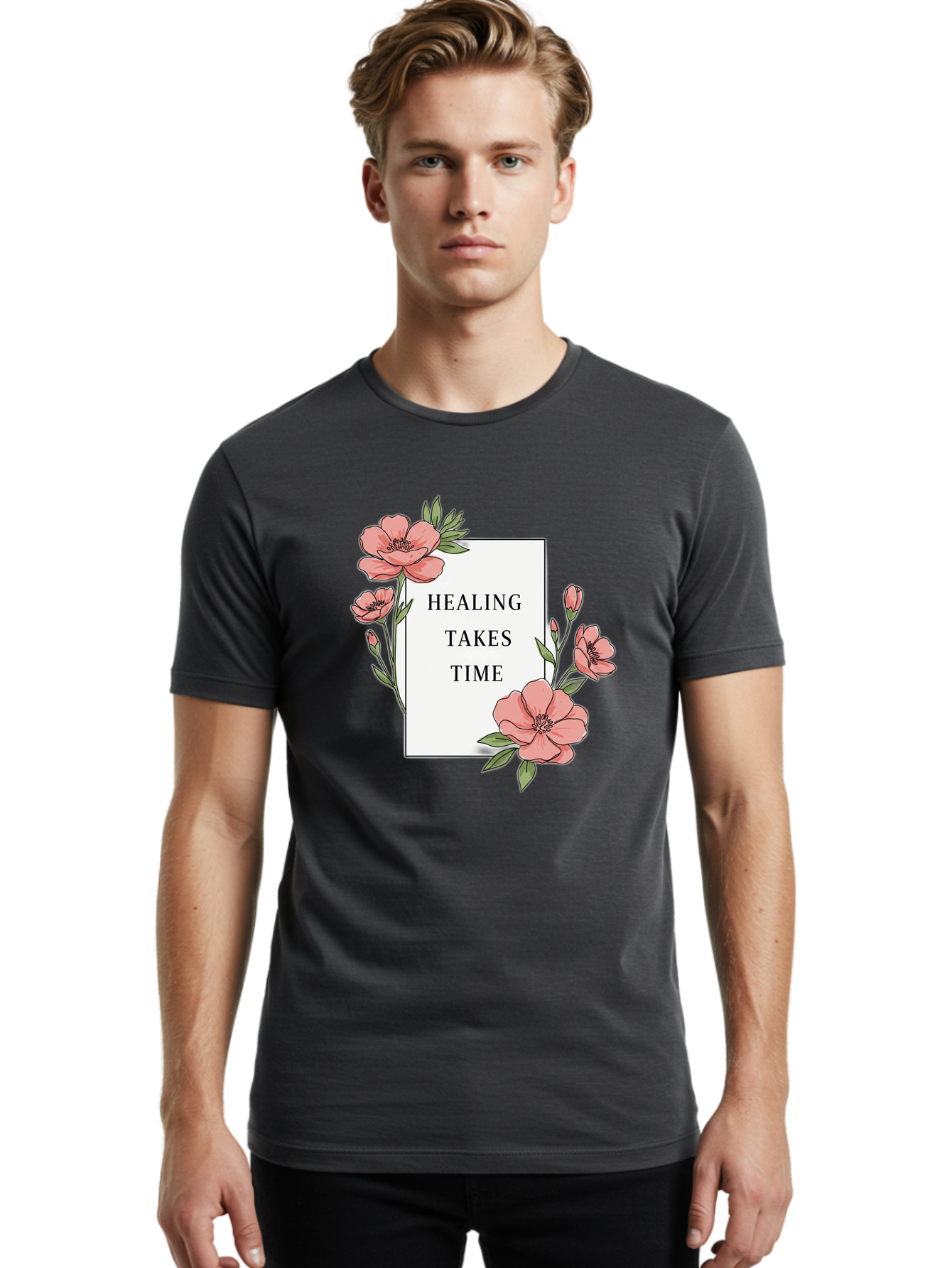 Healing-Takes-Time Men'S Graphic Tee, 100% Cotton, Comfortable Casual Summer Wear, Machine Washable, Inspirational Quote, Healing Process, Floral Illustration, Pink Flowers, Motivational Message, Self Care, Wellness, Mental Health Awareness, Bae036