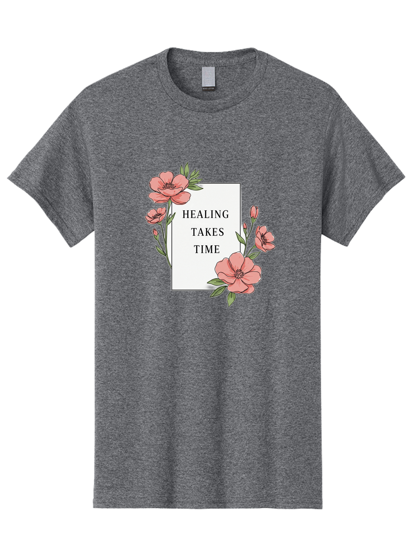 Healing-Takes-Time Men'S Graphic Tee, 100% Cotton, Comfortable Casual Summer Wear, Machine Washable, Inspirational Quote, Healing Process, Floral Illustration, Pink Flowers, Motivational Message, Self Care, Wellness, Mental Health Awareness, Bae036