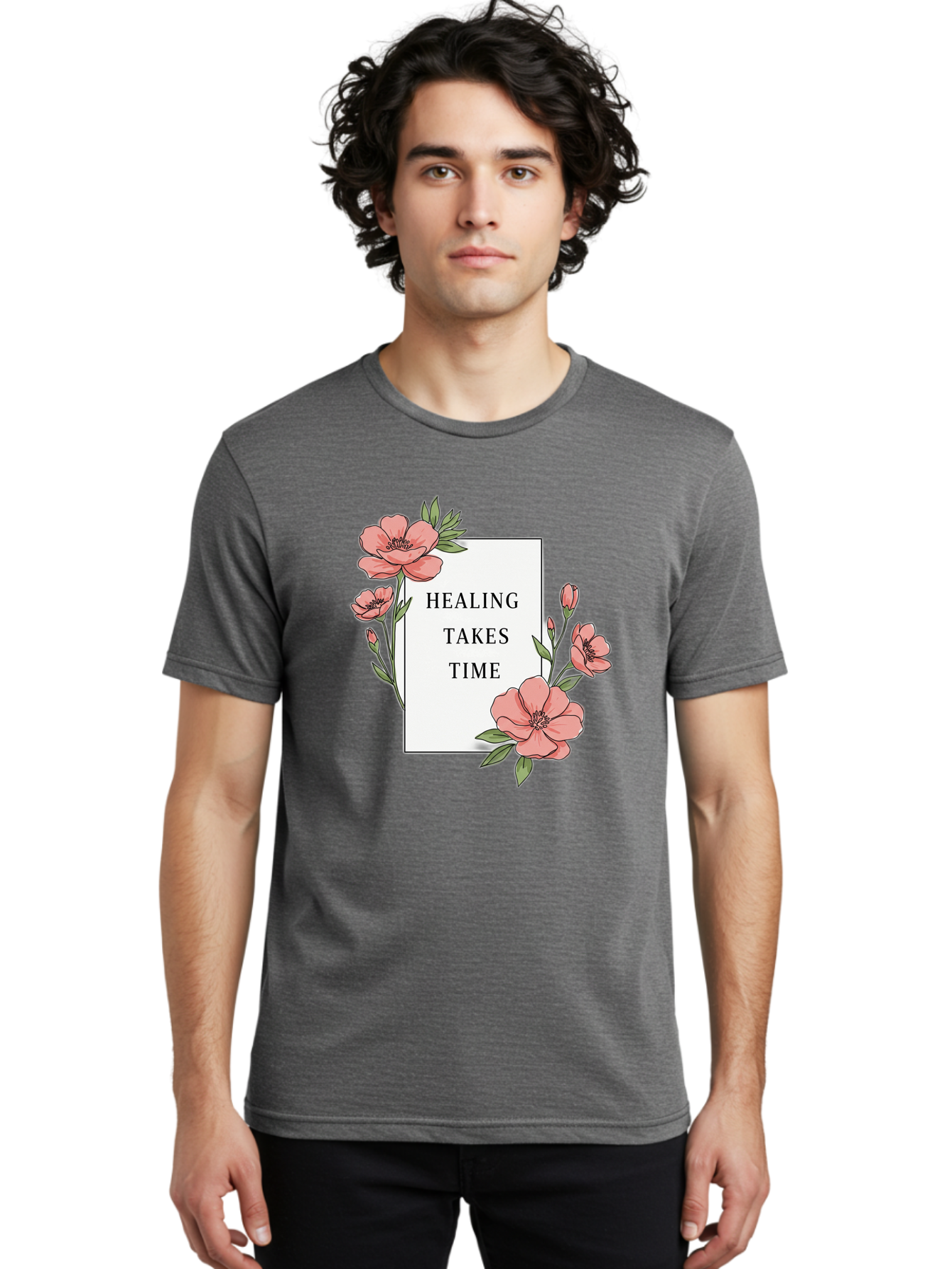 Healing-Takes-Time Men'S Graphic Tee, 100% Cotton, Comfortable Casual Summer Wear, Machine Washable, Inspirational Quote, Healing Process, Floral Illustration, Pink Flowers, Motivational Message, Self Care, Wellness, Mental Health Awareness, Bae036