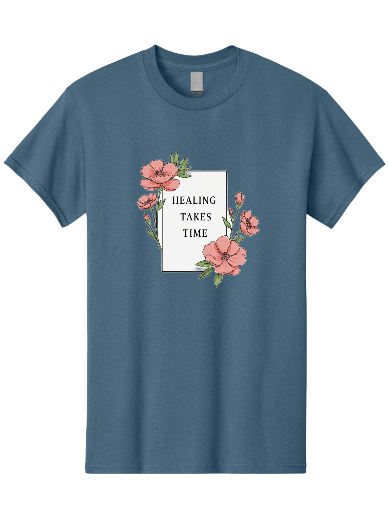 Healing-Takes-Time Men'S Graphic Tee, 100% Cotton, Comfortable Casual Summer Wear, Machine Washable, Inspirational Quote, Healing Process, Floral Illustration, Pink Flowers, Motivational Message, Self Care, Wellness, Mental Health Awareness, Bae036