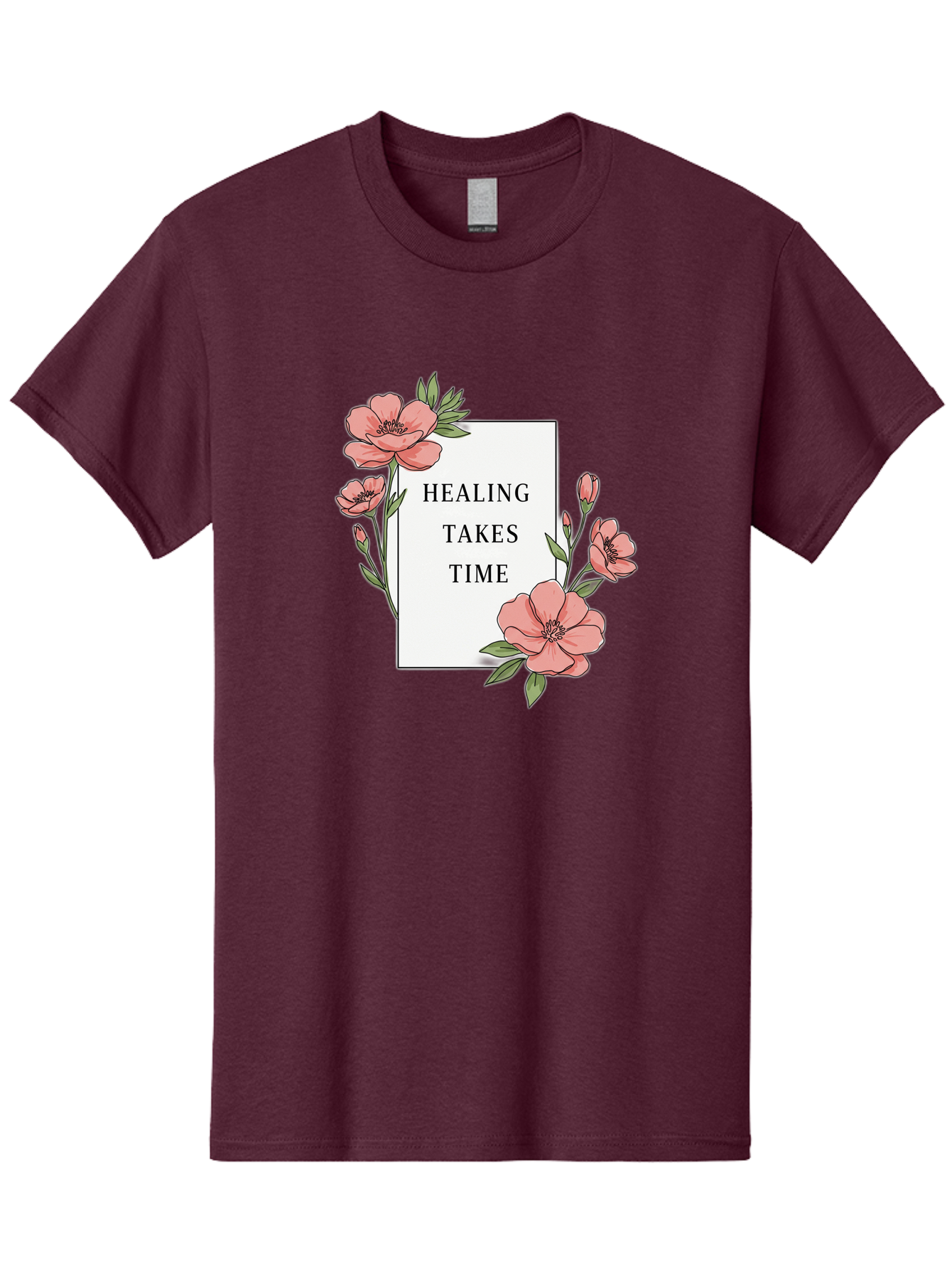 Healing-Takes-Time Men'S Graphic Tee, 100% Cotton, Comfortable Casual Summer Wear, Machine Washable, Inspirational Quote, Healing Process, Floral Illustration, Pink Flowers, Motivational Message, Self Care, Wellness, Mental Health Awareness, Bae036