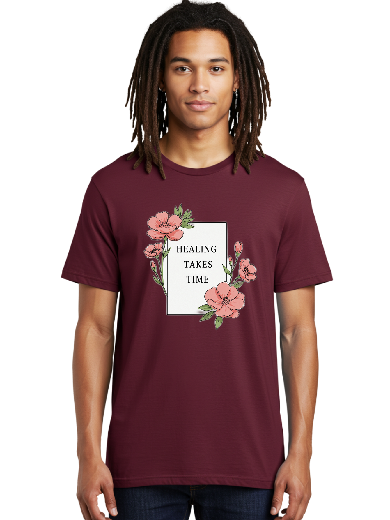 Healing-Takes-Time Men'S Graphic Tee, 100% Cotton, Comfortable Casual Summer Wear, Machine Washable, Inspirational Quote, Healing Process, Floral Illustration, Pink Flowers, Motivational Message, Self Care, Wellness, Mental Health Awareness, Bae036