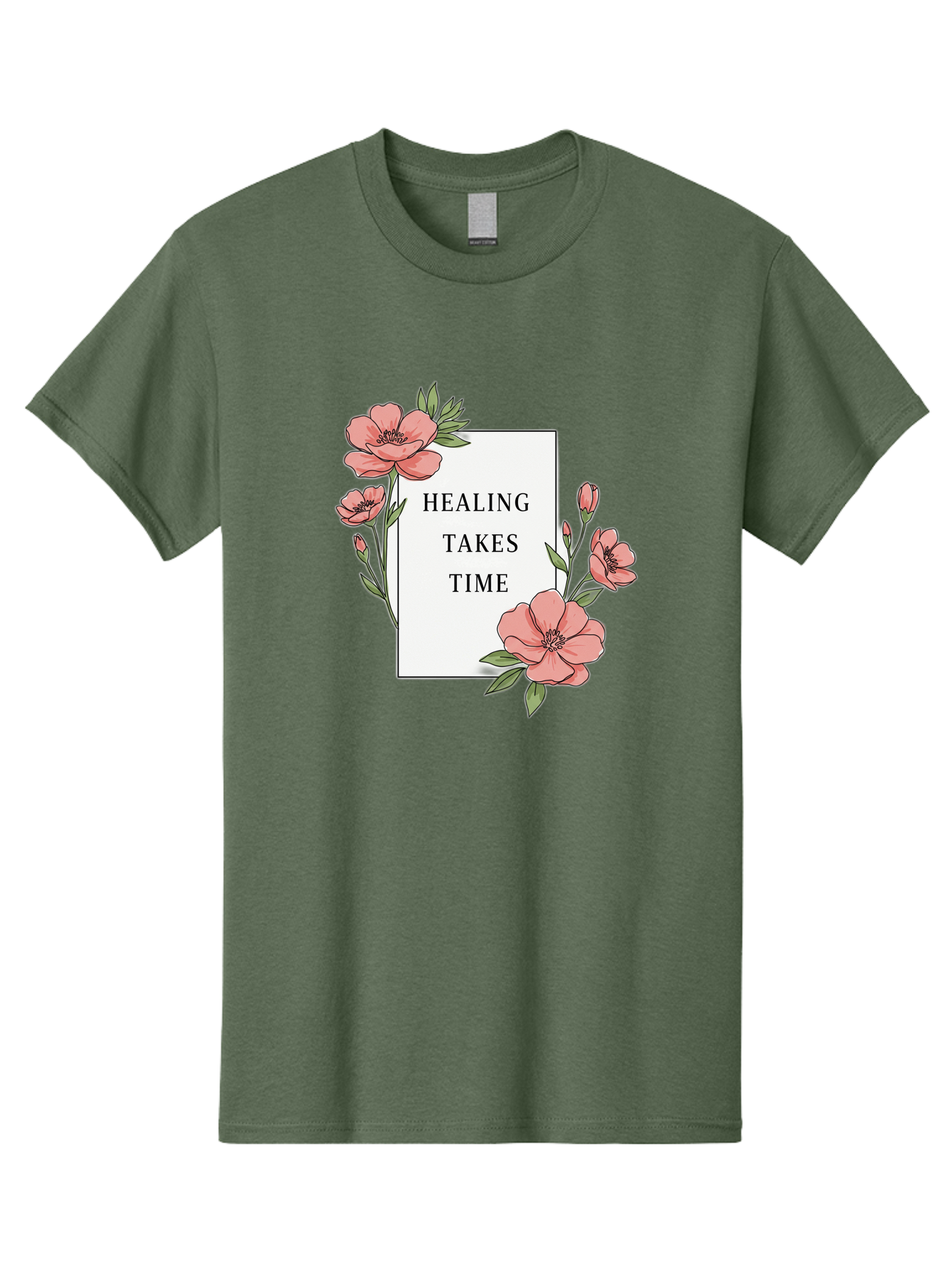 Healing-Takes-Time Men'S Graphic Tee, 100% Cotton, Comfortable Casual Summer Wear, Machine Washable, Inspirational Quote, Healing Process, Floral Illustration, Pink Flowers, Motivational Message, Self Care, Wellness, Mental Health Awareness, Bae036
