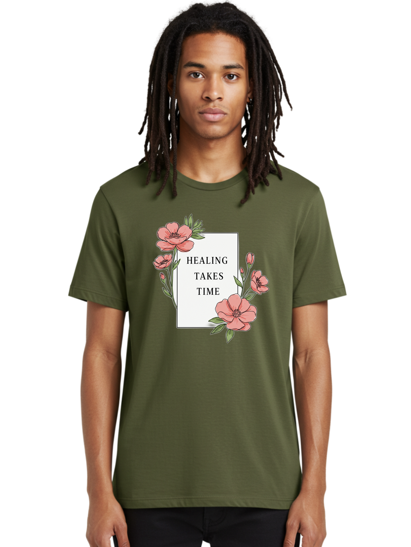 Healing-Takes-Time Men'S Graphic Tee, 100% Cotton, Comfortable Casual Summer Wear, Machine Washable, Inspirational Quote, Healing Process, Floral Illustration, Pink Flowers, Motivational Message, Self Care, Wellness, Mental Health Awareness, Bae036