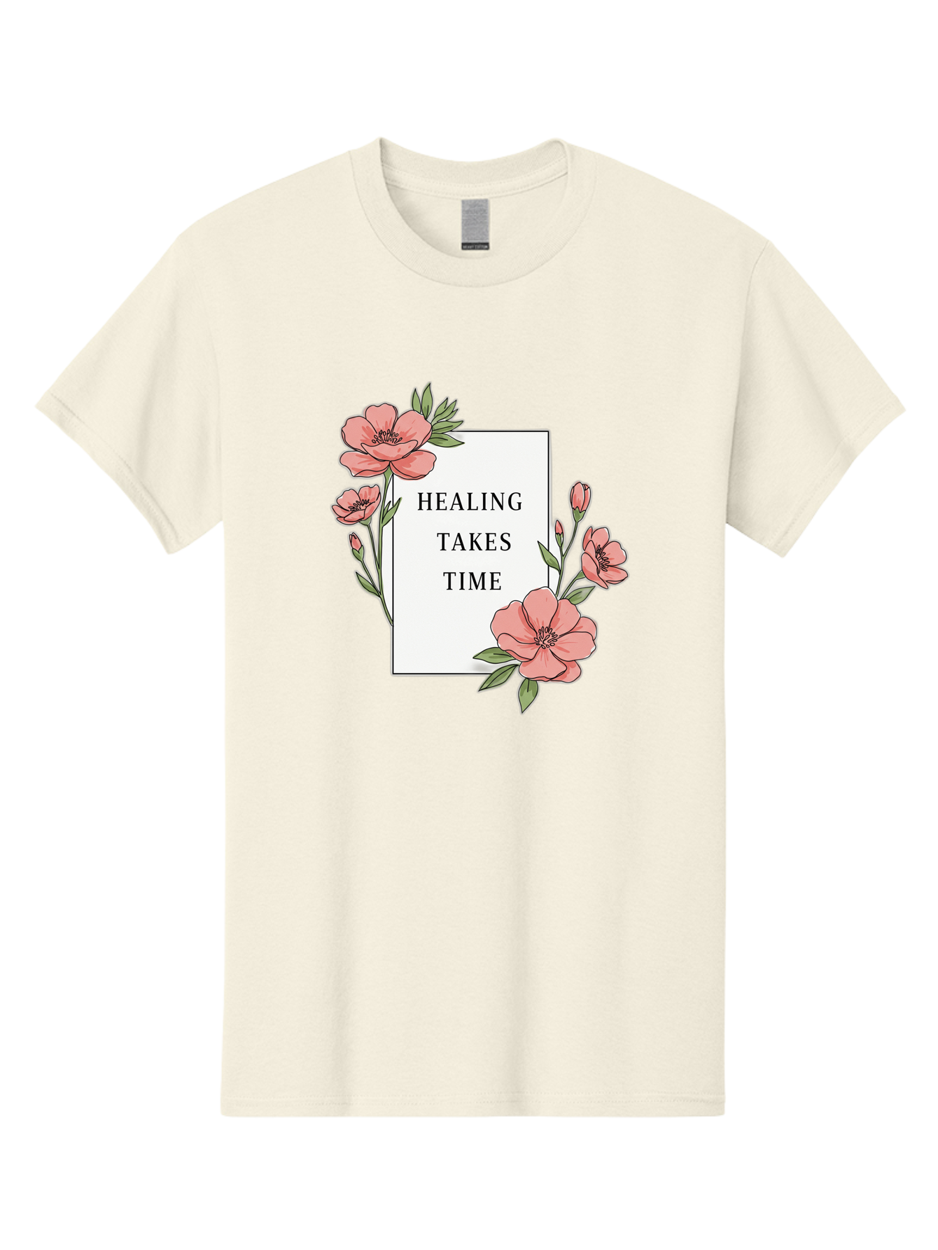 Healing-Takes-Time Men'S Graphic Tee, 100% Cotton, Comfortable Casual Summer Wear, Machine Washable, Inspirational Quote, Healing Process, Floral Illustration, Pink Flowers, Motivational Message, Self Care, Wellness, Mental Health Awareness, Bae036