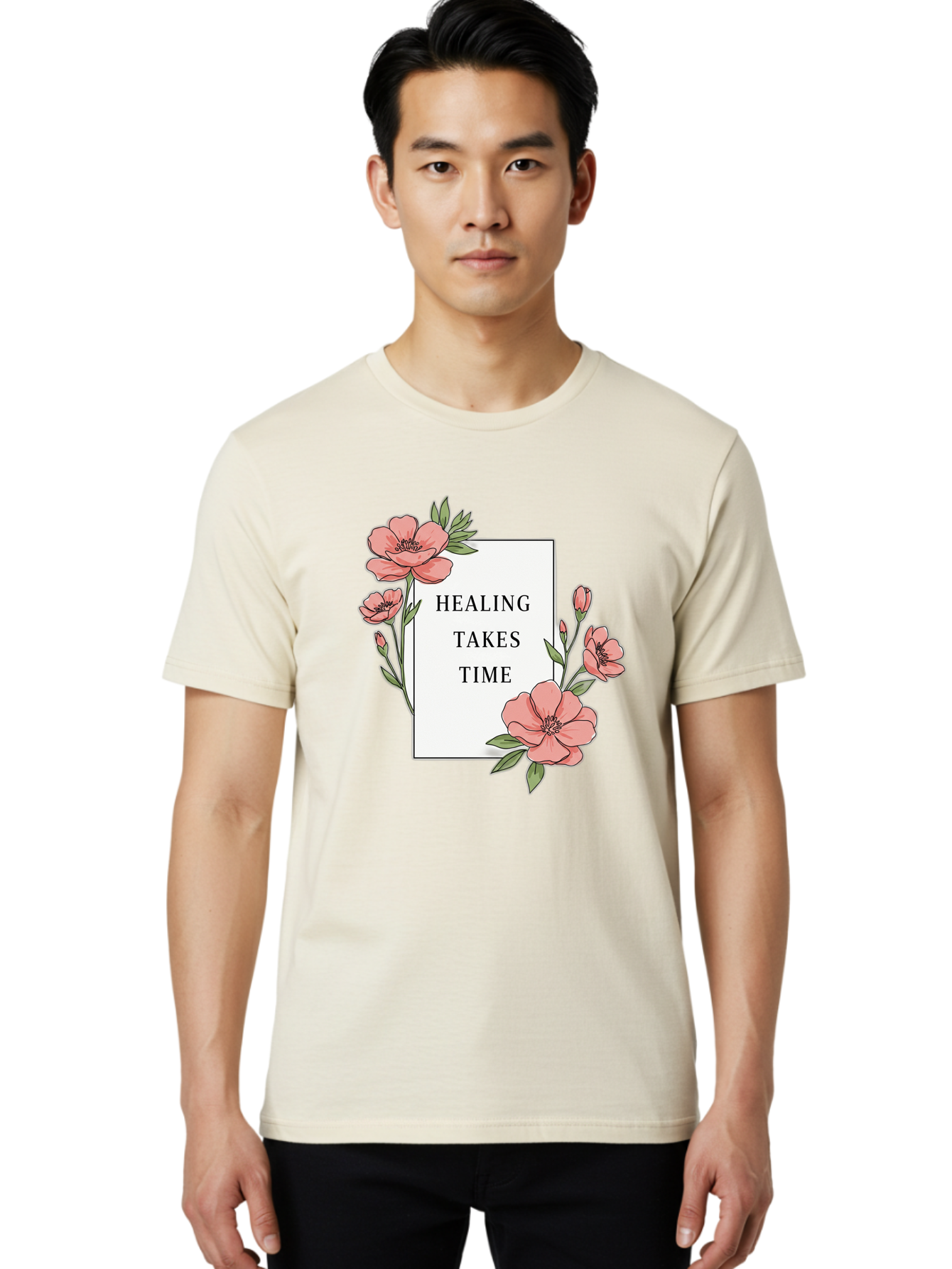 Healing-Takes-Time Men'S Graphic Tee, 100% Cotton, Comfortable Casual Summer Wear, Machine Washable, Inspirational Quote, Healing Process, Floral Illustration, Pink Flowers, Motivational Message, Self Care, Wellness, Mental Health Awareness, Bae036