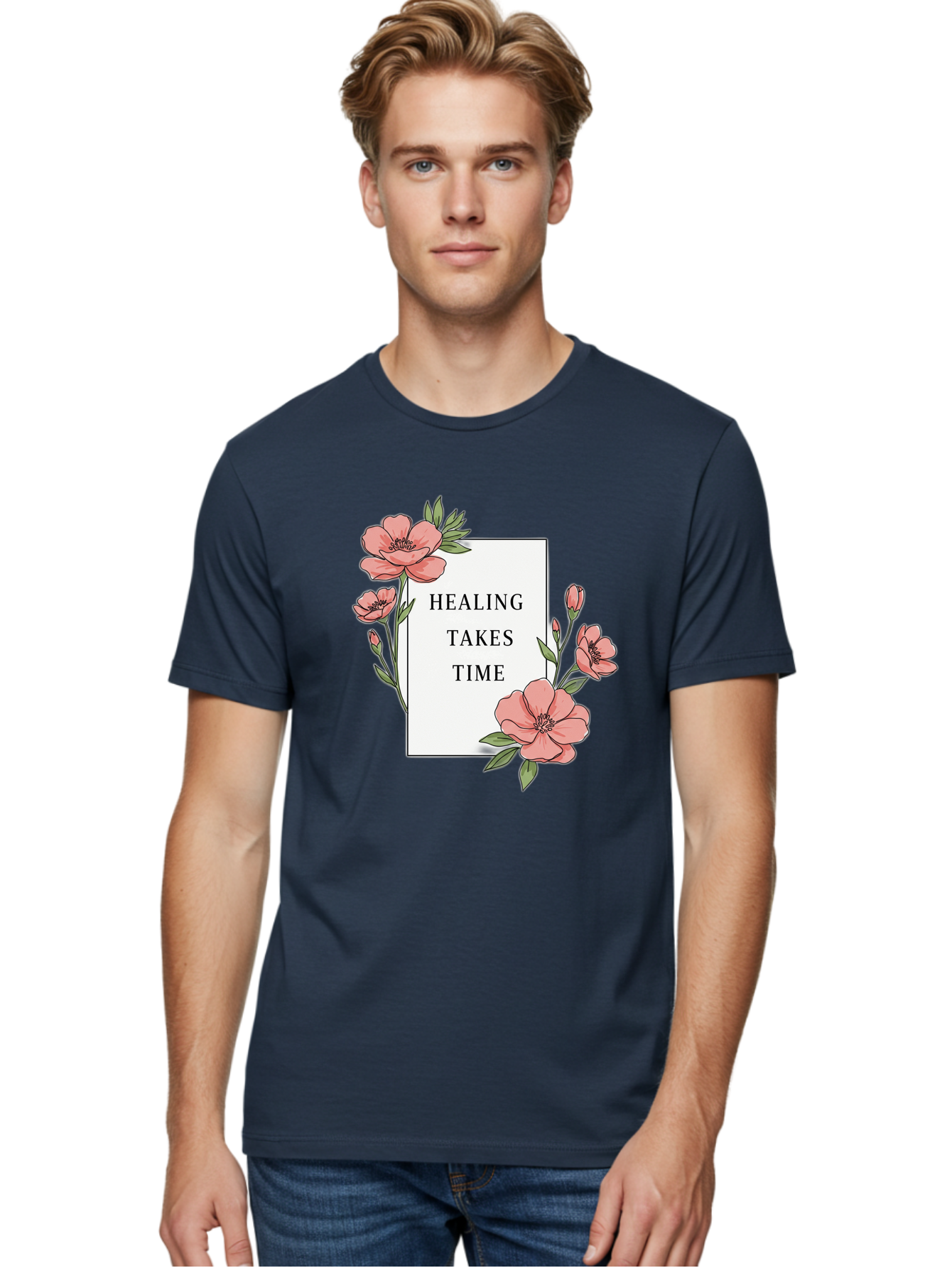 Healing-Takes-Time Men'S Graphic Tee, 100% Cotton, Comfortable Casual Summer Wear, Machine Washable, Inspirational Quote, Healing Process, Floral Illustration, Pink Flowers, Motivational Message, Self Care, Wellness, Mental Health Awareness, Bae036