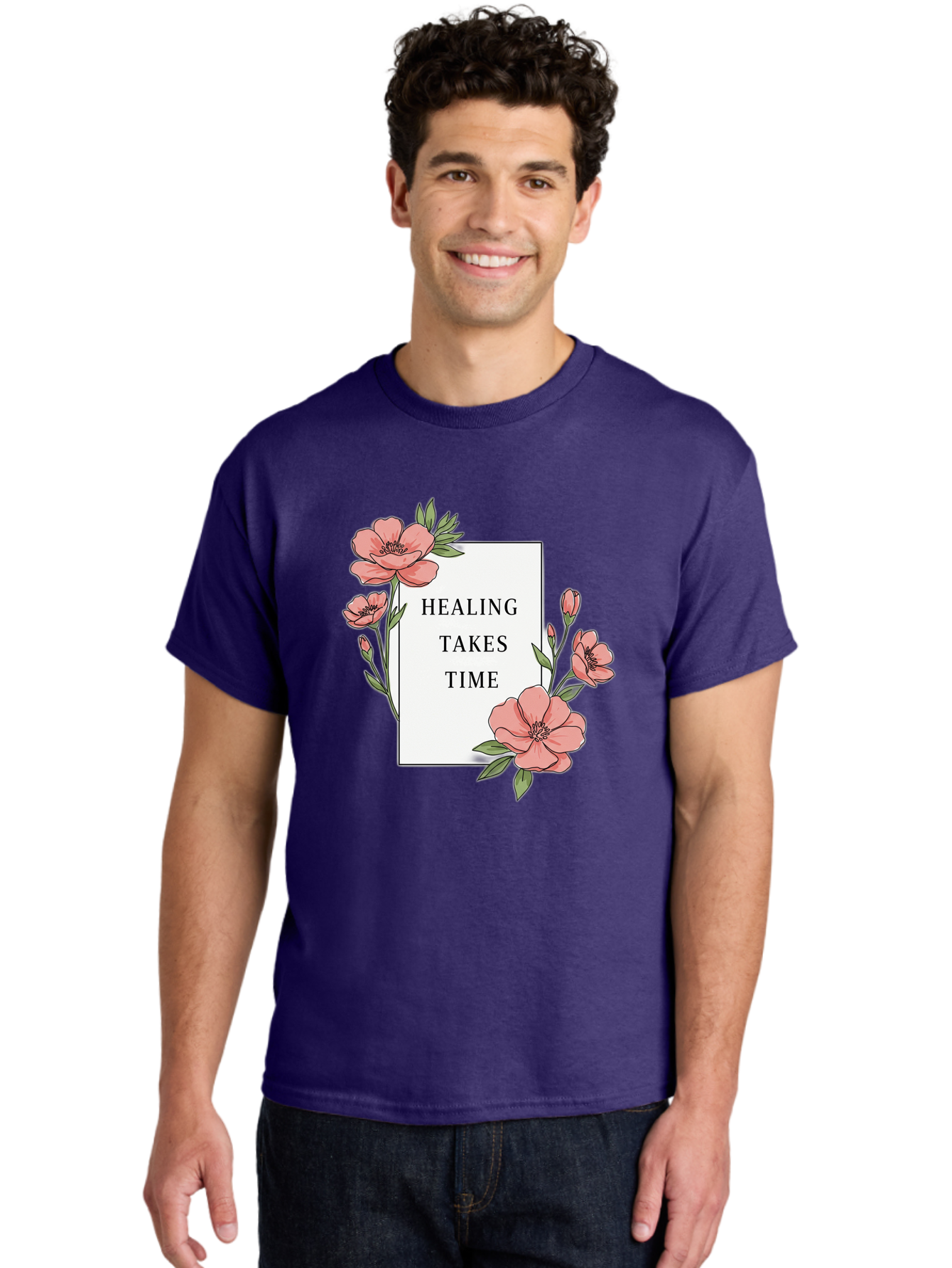Healing-Takes-Time Men'S Graphic Tee, 100% Cotton, Comfortable Casual Summer Wear, Machine Washable, Inspirational Quote, Healing Process, Floral Illustration, Pink Flowers, Motivational Message, Self Care, Wellness, Mental Health Awareness, Bae036