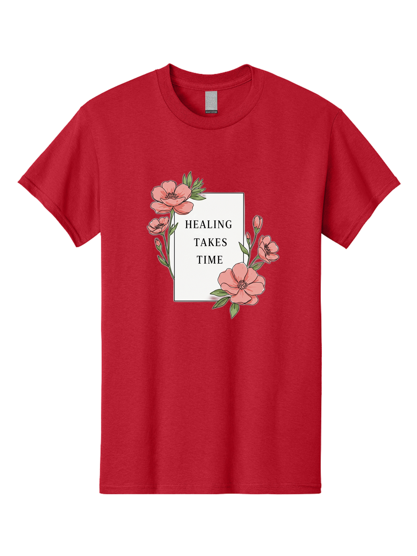 Healing-Takes-Time Men'S Graphic Tee, 100% Cotton, Comfortable Casual Summer Wear, Machine Washable, Inspirational Quote, Healing Process, Floral Illustration, Pink Flowers, Motivational Message, Self Care, Wellness, Mental Health Awareness, Bae036