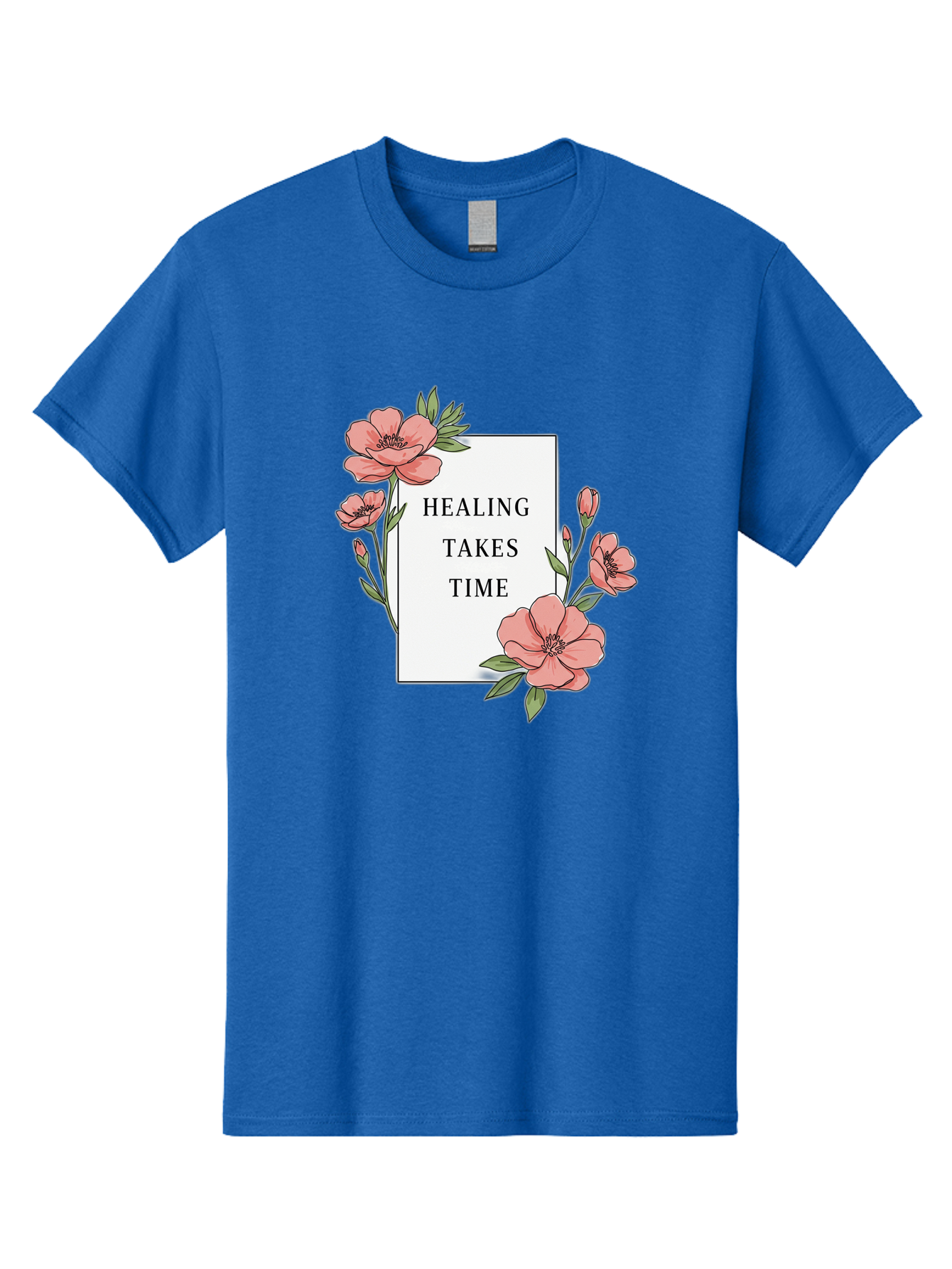 Healing-Takes-Time Men'S Graphic Tee, 100% Cotton, Comfortable Casual Summer Wear, Machine Washable, Inspirational Quote, Healing Process, Floral Illustration, Pink Flowers, Motivational Message, Self Care, Wellness, Mental Health Awareness, Bae036