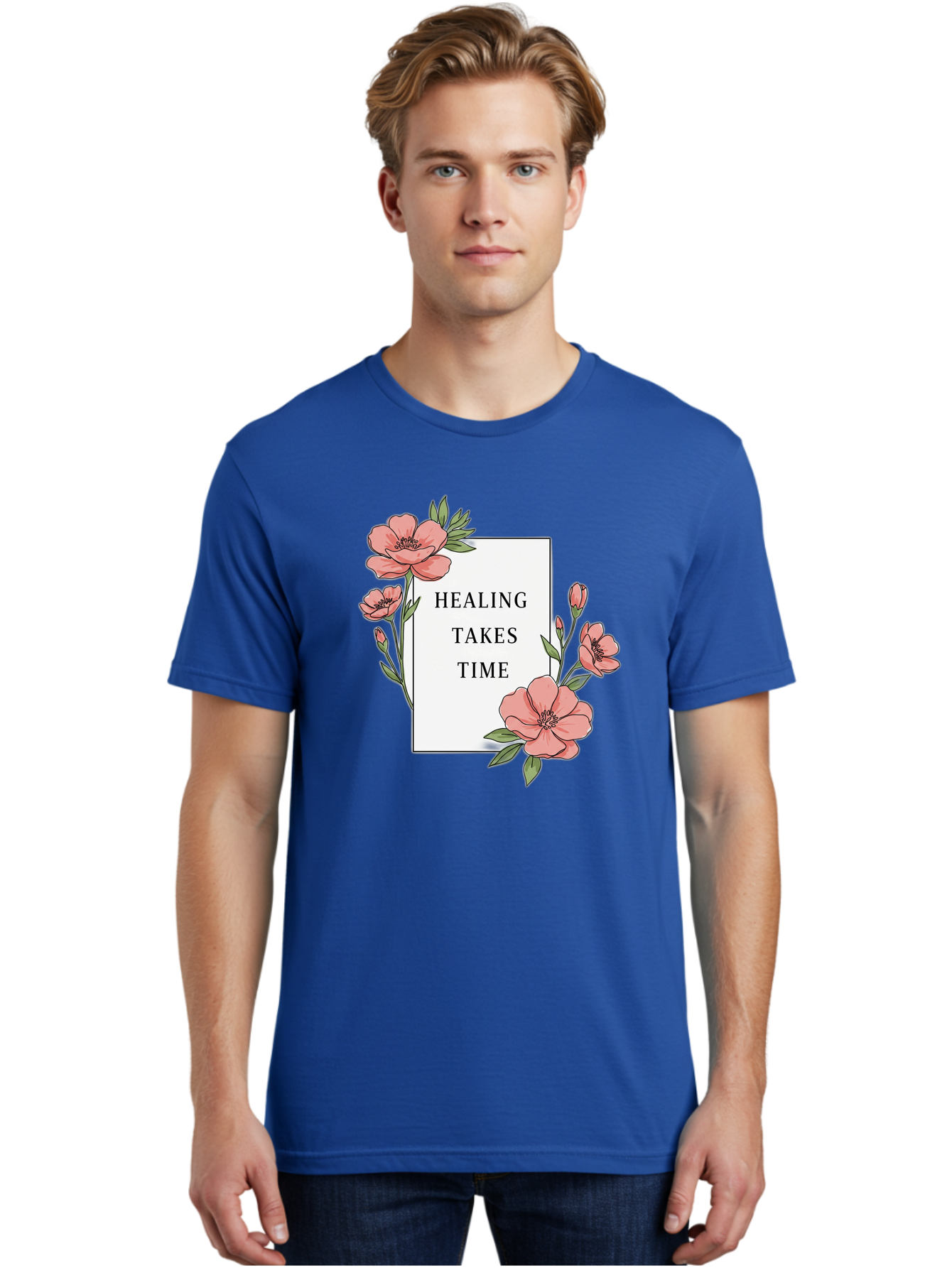 Healing-Takes-Time Men'S Graphic Tee, 100% Cotton, Comfortable Casual Summer Wear, Machine Washable, Inspirational Quote, Healing Process, Floral Illustration, Pink Flowers, Motivational Message, Self Care, Wellness, Mental Health Awareness, Bae036