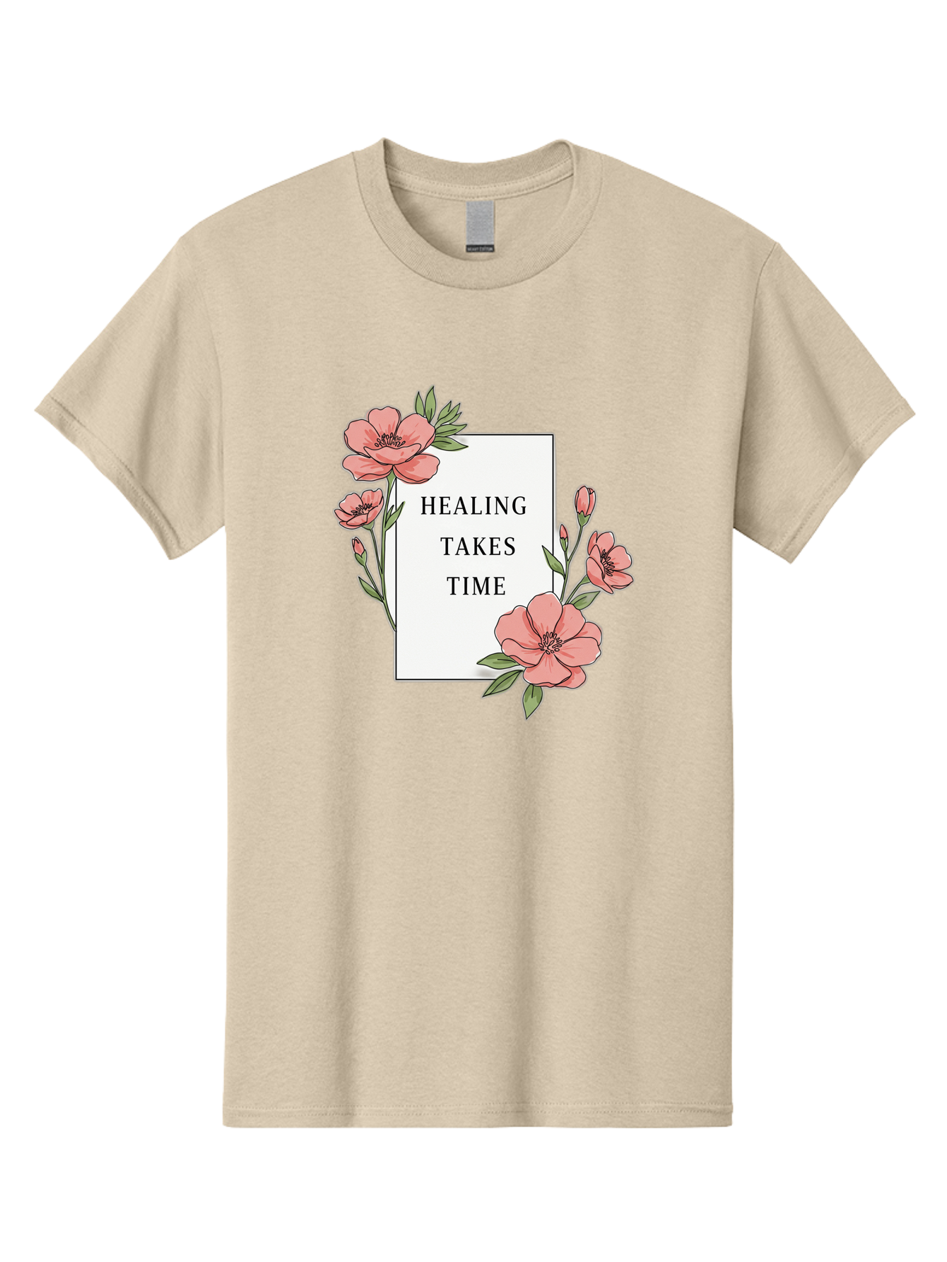 Healing-Takes-Time Men'S Graphic Tee, 100% Cotton, Comfortable Casual Summer Wear, Machine Washable, Inspirational Quote, Healing Process, Floral Illustration, Pink Flowers, Motivational Message, Self Care, Wellness, Mental Health Awareness, Bae036