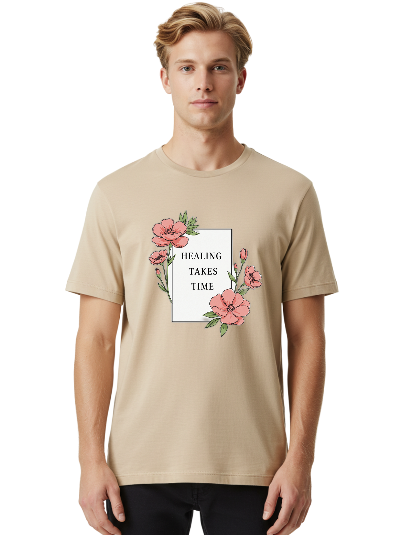 Healing-Takes-Time Men'S Graphic Tee, 100% Cotton, Comfortable Casual Summer Wear, Machine Washable, Inspirational Quote, Healing Process, Floral Illustration, Pink Flowers, Motivational Message, Self Care, Wellness, Mental Health Awareness, Bae036