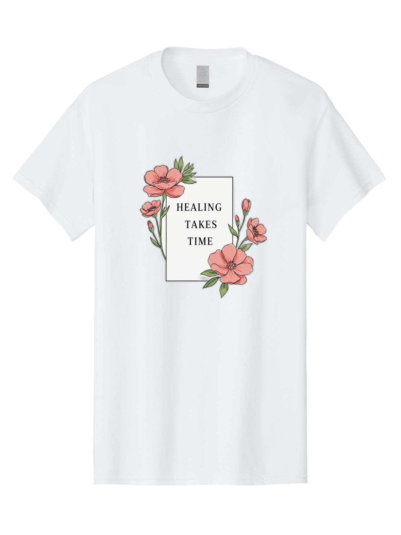 Healing-Takes-Time Men'S Graphic Tee, 100% Cotton, Comfortable Casual Summer Wear, Machine Washable, Inspirational Quote, Healing Process, Floral Illustration, Pink Flowers, Motivational Message, Self Care, Wellness, Mental Health Awareness, Bae036