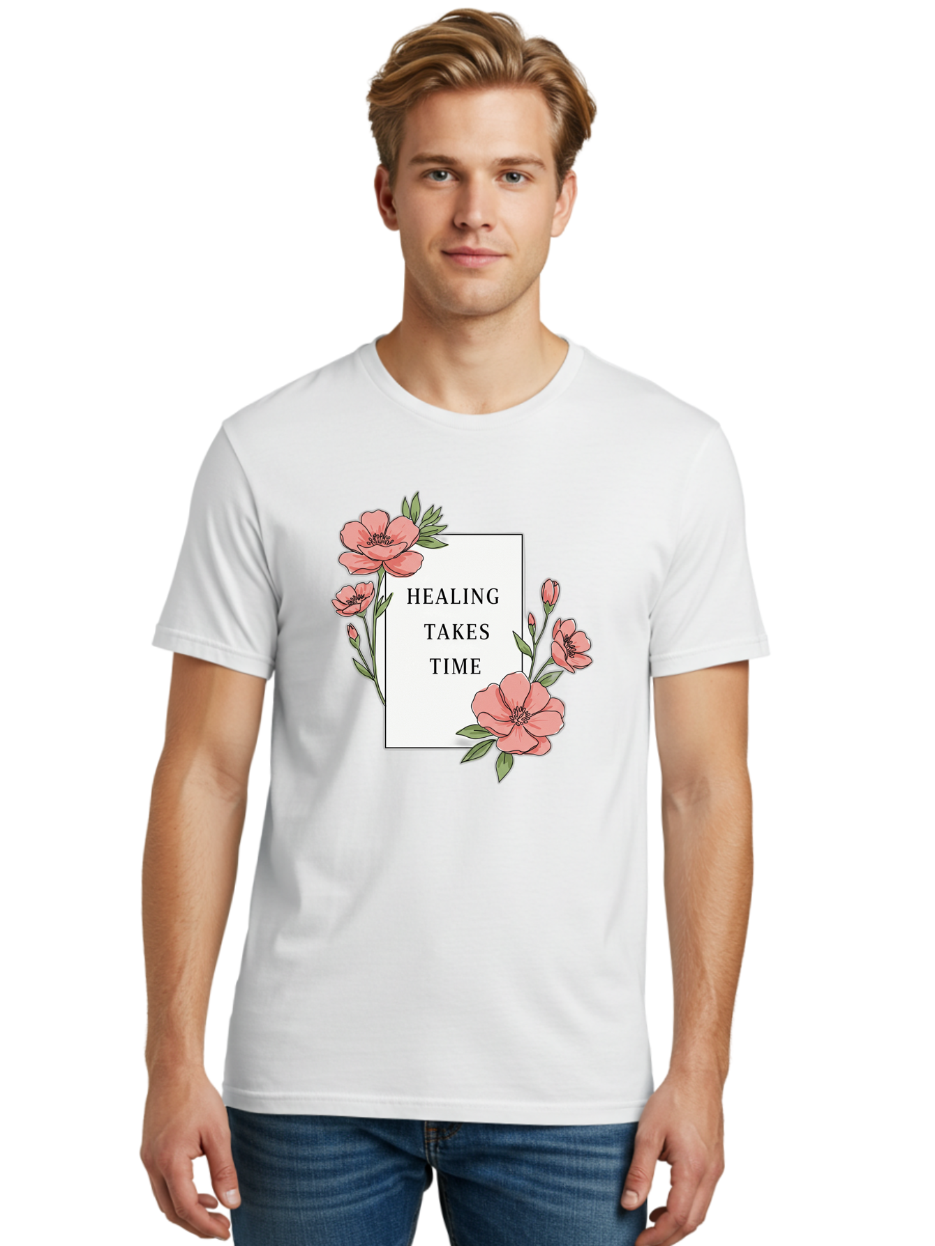 Healing-Takes-Time Men'S Graphic Tee, 100% Cotton, Comfortable Casual Summer Wear, Machine Washable, Inspirational Quote, Healing Process, Floral Illustration, Pink Flowers, Motivational Message, Self Care, Wellness, Mental Health Awareness, Bae036