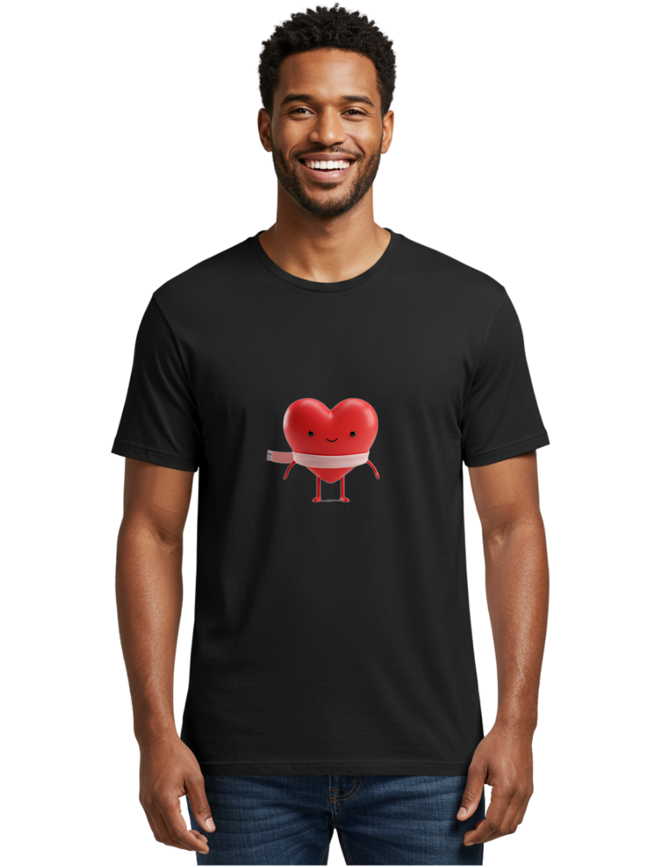 Heart-Character-1 Men'S Graphic Tee, 100% Cotton, Comfortable Casual Summer Wear, Machine Washable, Heart Character, Wounded Heart, Cartoon Heart, Bandaged Heart, Cute Heart, Love Symbol, Heart Health, Heartbreak, Valentine'S Day, Bae037