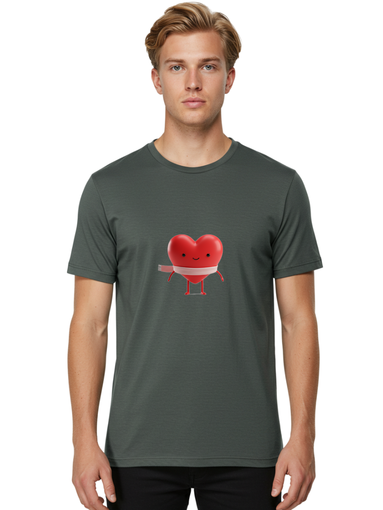 Heart-Character-1 Men'S Graphic Tee, 100% Cotton, Comfortable Casual Summer Wear, Machine Washable, Heart Character, Wounded Heart, Cartoon Heart, Bandaged Heart, Cute Heart, Love Symbol, Heart Health, Heartbreak, Valentine'S Day, Bae037