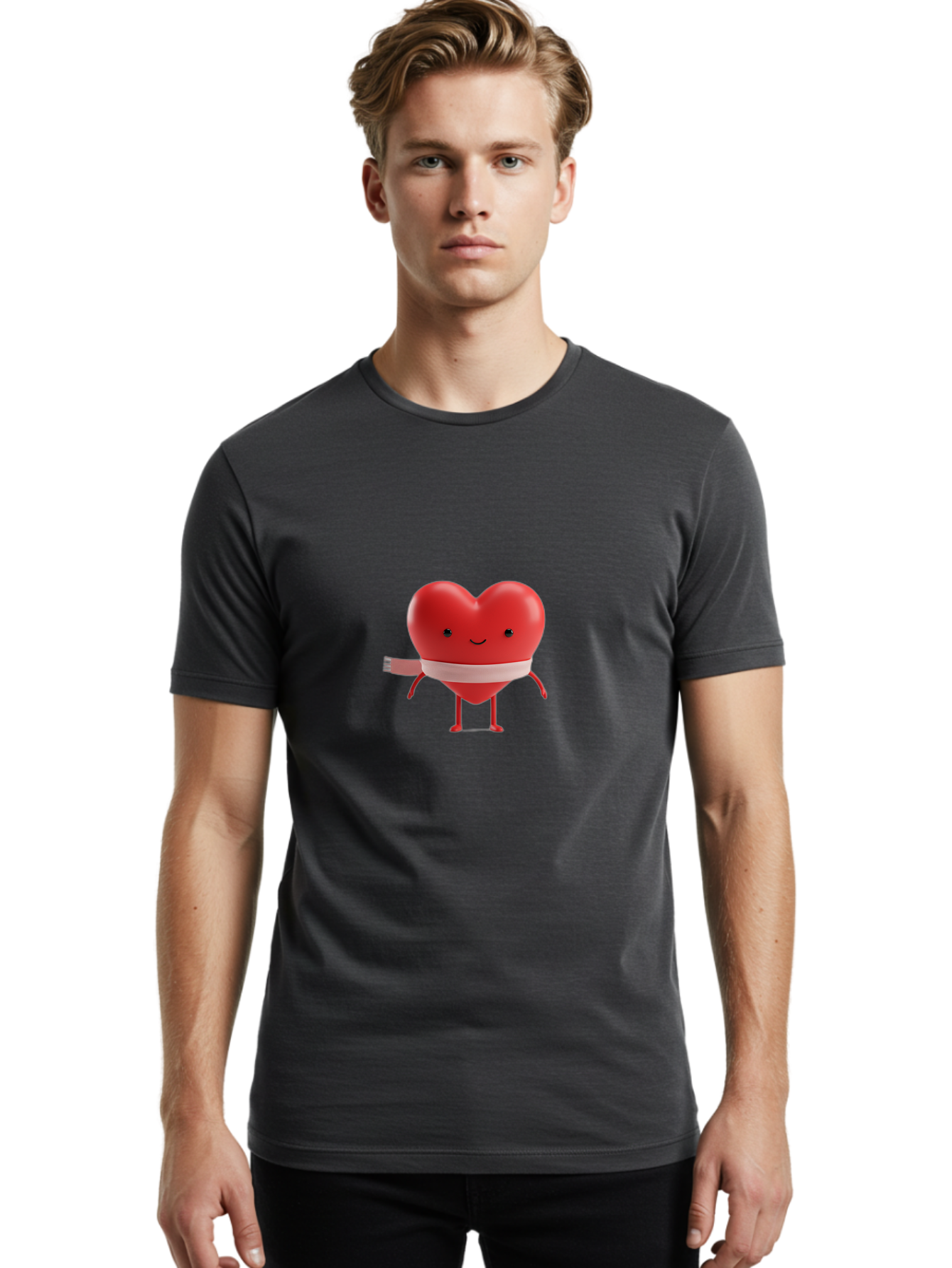 Heart-Character-1 Men'S Graphic Tee, 100% Cotton, Comfortable Casual Summer Wear, Machine Washable, Heart Character, Wounded Heart, Cartoon Heart, Bandaged Heart, Cute Heart, Love Symbol, Heart Health, Heartbreak, Valentine'S Day, Bae037