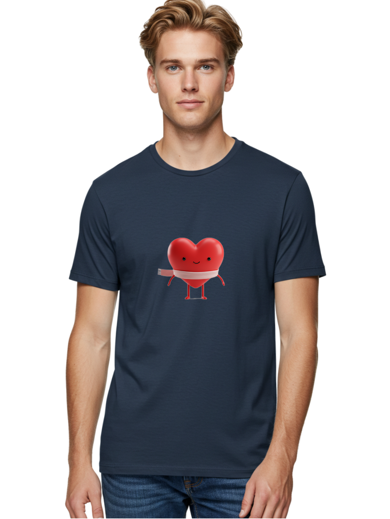 Heart-Character-1 Men'S Graphic Tee, 100% Cotton, Comfortable Casual Summer Wear, Machine Washable, Heart Character, Wounded Heart, Cartoon Heart, Bandaged Heart, Cute Heart, Love Symbol, Heart Health, Heartbreak, Valentine'S Day, Bae037