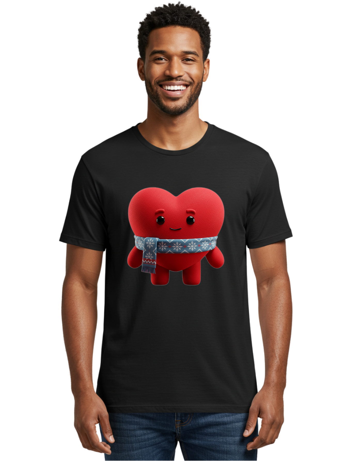 Heart-Character-2 Men'S Graphic Tee, 100% Cotton, Comfortable Casual Summer Wear, Machine Washable, Heart Character, Red Heart, Snowflake Scarf, Winter Theme, Cute Character, Love Symbol, Festive Design, Cartoon Heart, Smiling Face Bae038