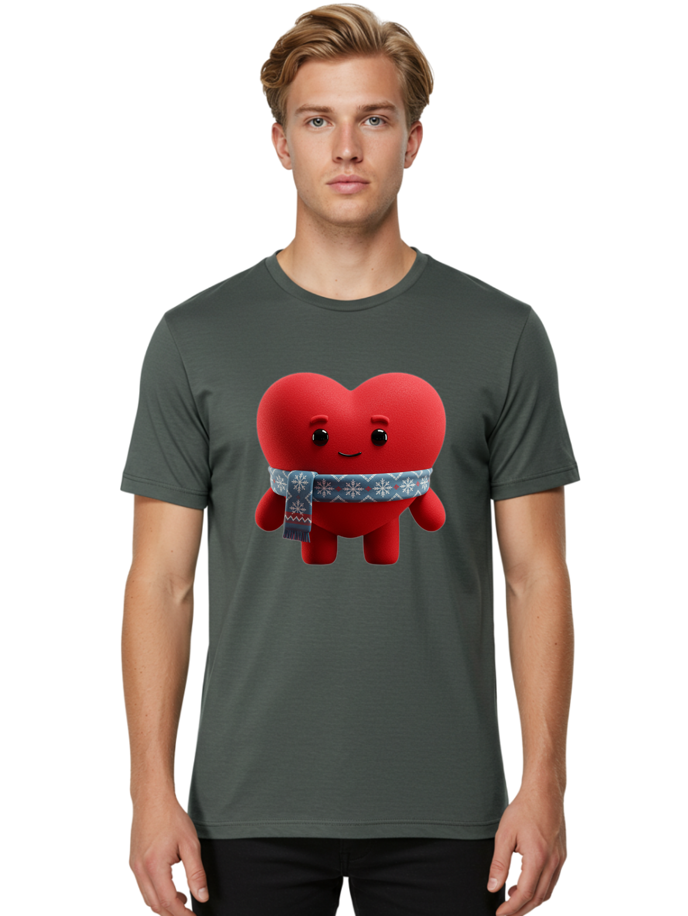 Heart-Character-2 Men'S Graphic Tee, 100% Cotton, Comfortable Casual Summer Wear, Machine Washable, Heart Character, Red Heart, Snowflake Scarf, Winter Theme, Cute Character, Love Symbol, Festive Design, Cartoon Heart, Smiling Face Bae038