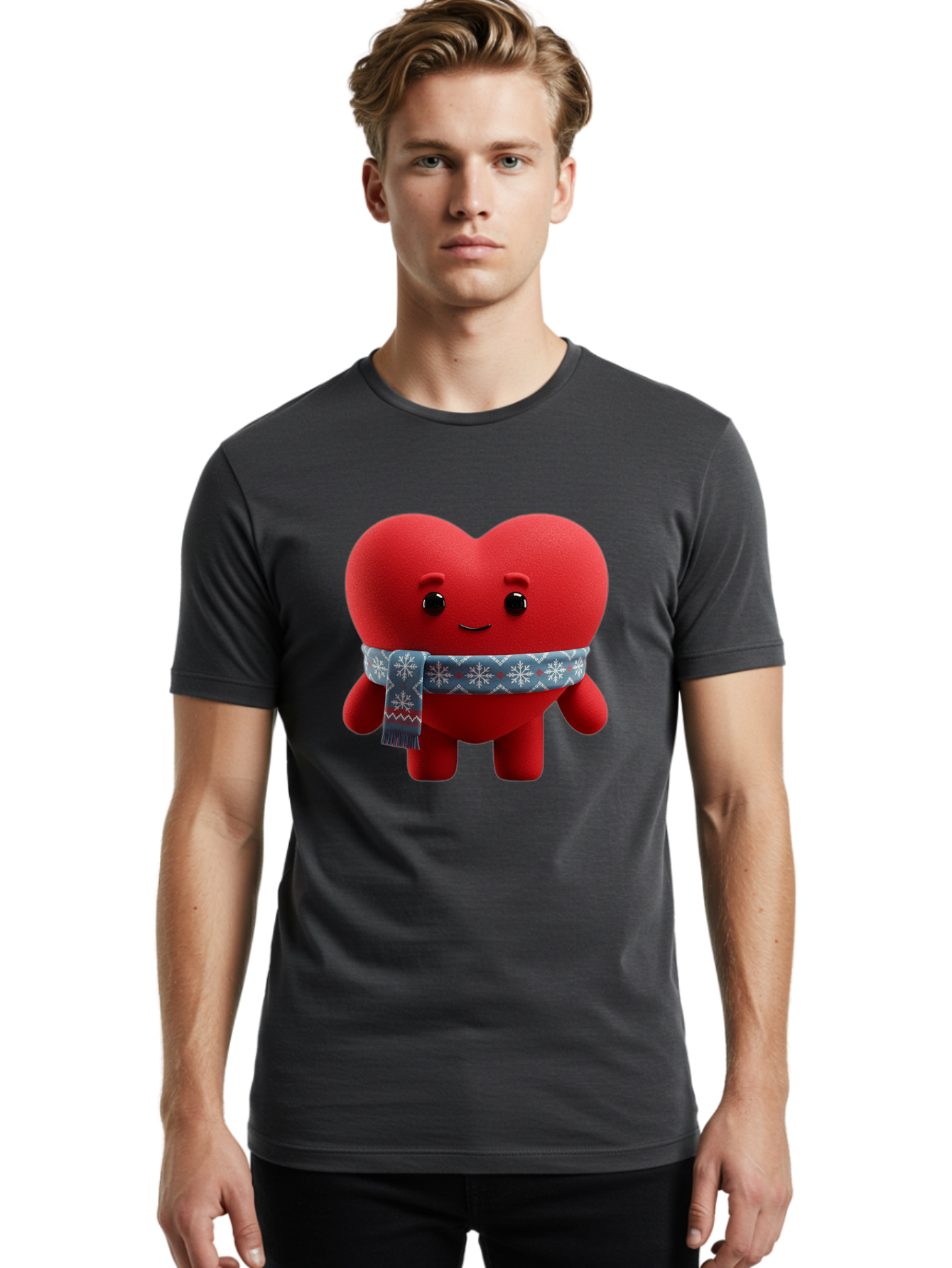 Heart-Character-2 Men'S Graphic Tee, 100% Cotton, Comfortable Casual Summer Wear, Machine Washable, Heart Character, Red Heart, Snowflake Scarf, Winter Theme, Cute Character, Love Symbol, Festive Design, Cartoon Heart, Smiling Face Bae038