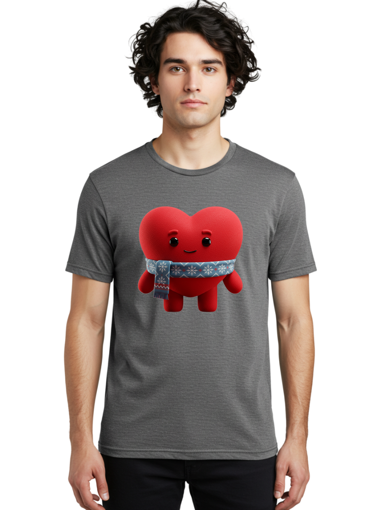 Heart-Character-2 Men'S Graphic Tee, 100% Cotton, Comfortable Casual Summer Wear, Machine Washable, Heart Character, Red Heart, Snowflake Scarf, Winter Theme, Cute Character, Love Symbol, Festive Design, Cartoon Heart, Smiling Face Bae038