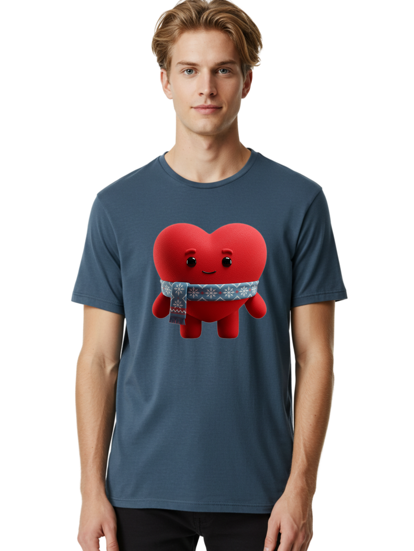 Heart-Character-2 Men'S Graphic Tee, 100% Cotton, Comfortable Casual Summer Wear, Machine Washable, Heart Character, Red Heart, Snowflake Scarf, Winter Theme, Cute Character, Love Symbol, Festive Design, Cartoon Heart, Smiling Face Bae038